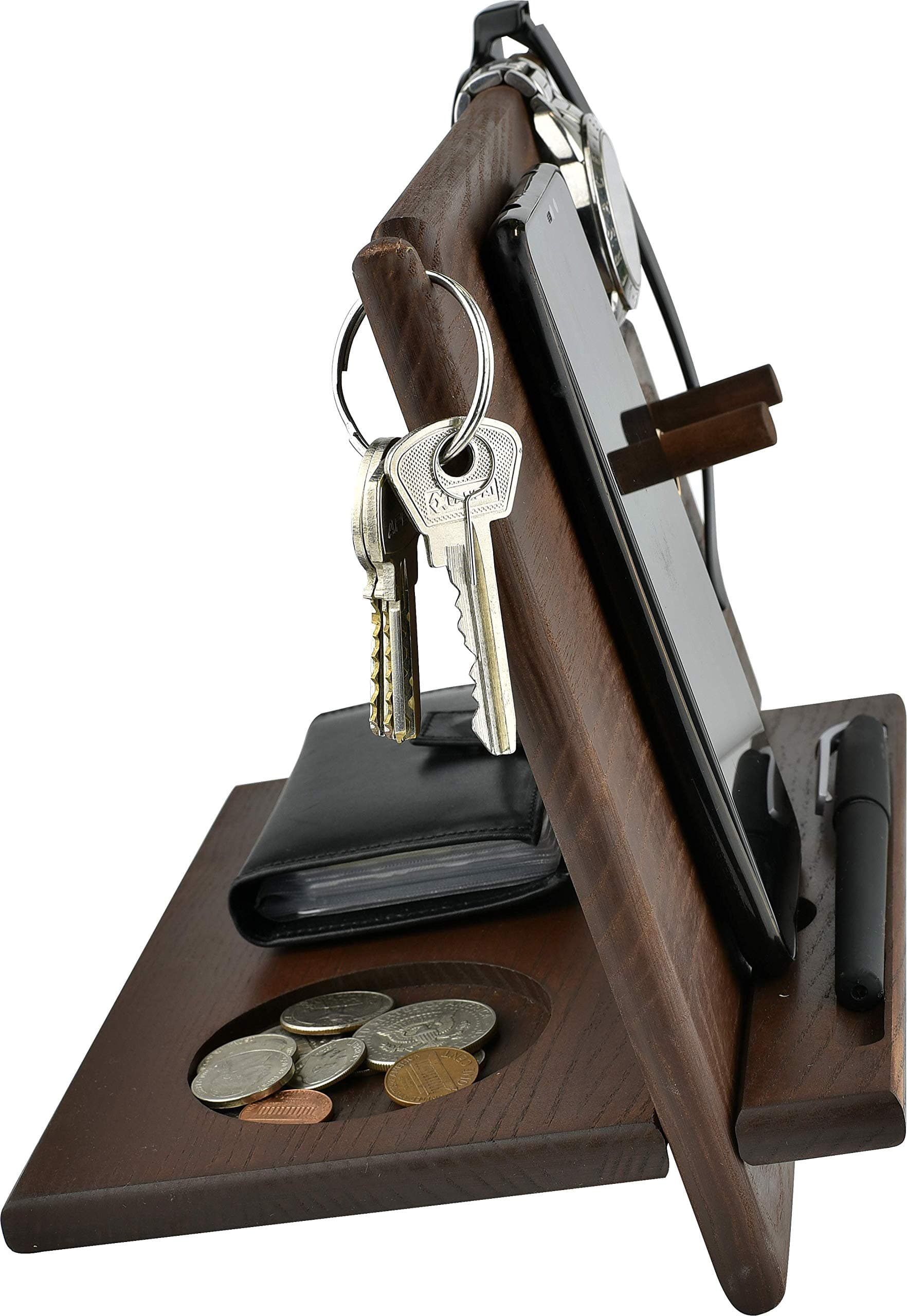 BarvA Wood Docking Station Cell Phone Smartwatch Holder Men Charging Accessory Nightstand Father Mobile Gadget Organizer Desktop Dresser Storage Valet Anniversary Birthday Graduation Gift