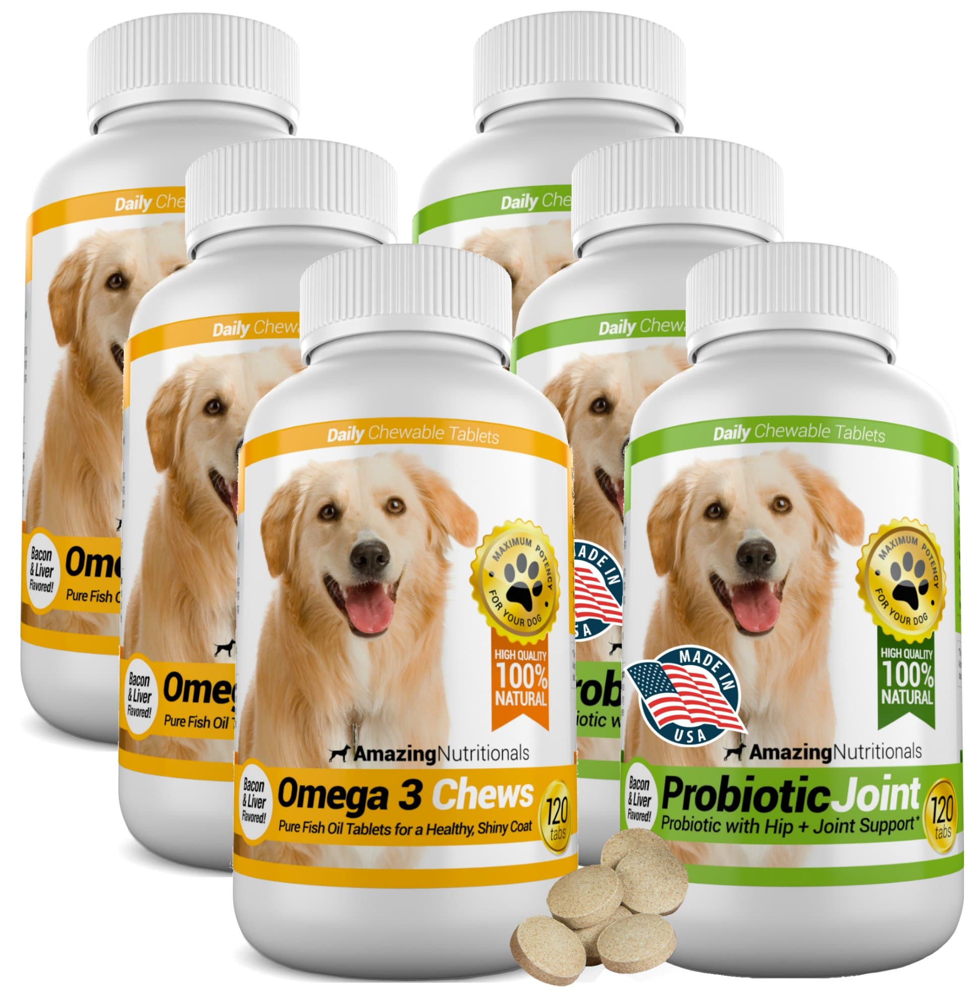 Amazing Combo Omega-3 Fish Oil and Probiotics for Dogs - Pure All-Natural Pet Antioxidant - Promotes Shiny Coat, Brain Health, Eliminates Diarrhea Gas and Joint Pain, 120 Tasty Chews x 6