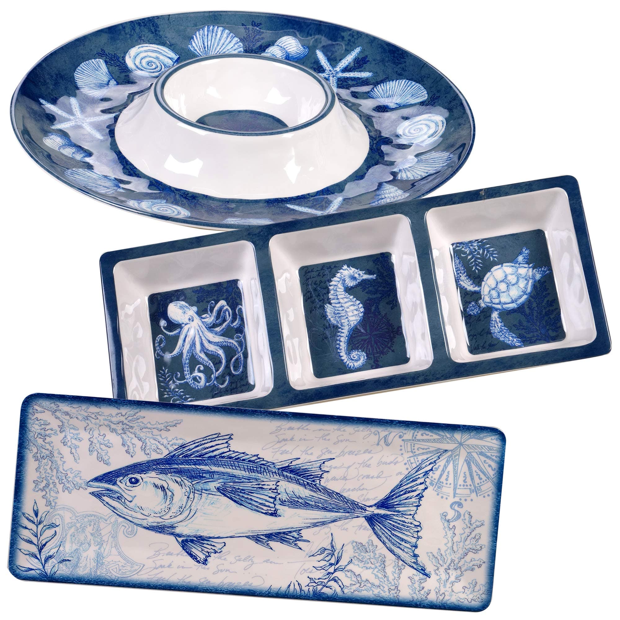 Oceanic 3-Piece Melamine Hostess Set – Includes Chip & Dip Server, 3-Section Relish Tray, and Rectangular Fish Platter – BPA-Free, Break-Resistant, Dishwasher Safe – Perfect for Indoors or Out