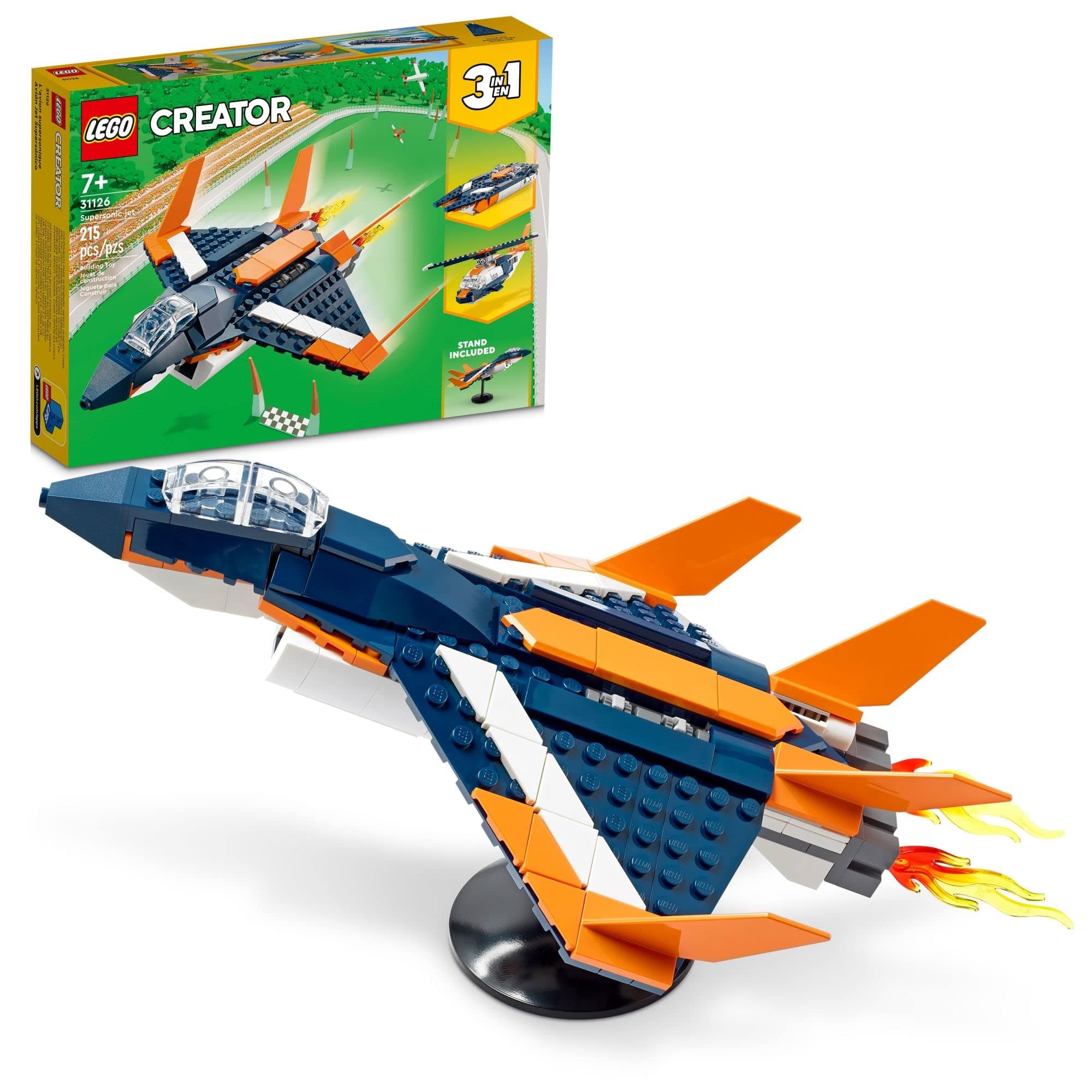 Creator 3 in 1 Supersonic Jet Plane Toy Set, Transforms from Plane to Helicopter to Speed Boat Toy, Buildable Vehicle Models for Kids, Boys and Girls 7 Plus Years Old, 31126