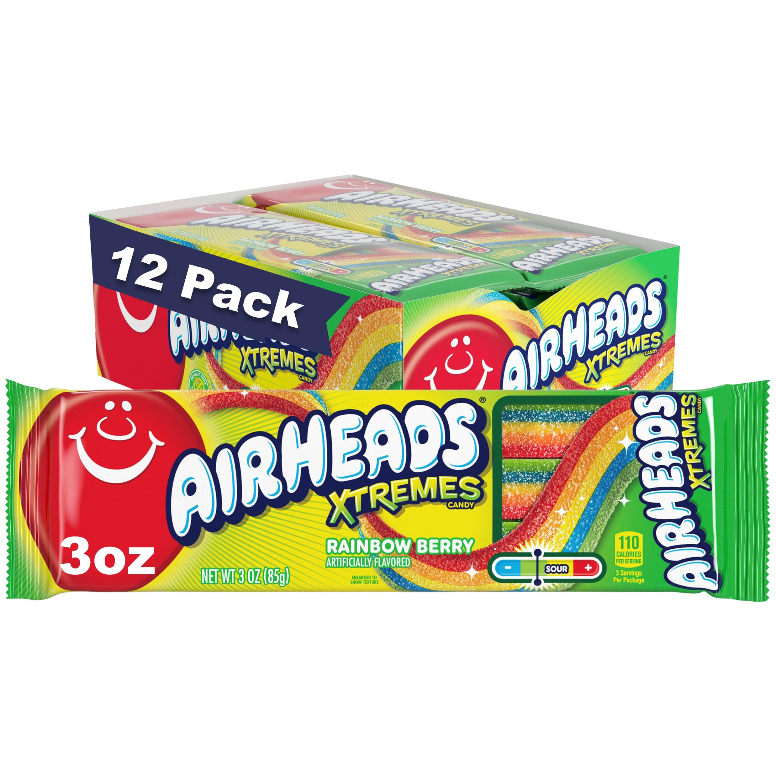 Airheads Mentos Xtremes Sweetly Sour Candy Belts, Halloween Bulk Box, Rainbow Berry, Party, Non Melting, 3 Ounce (Bulk Pack of 12)