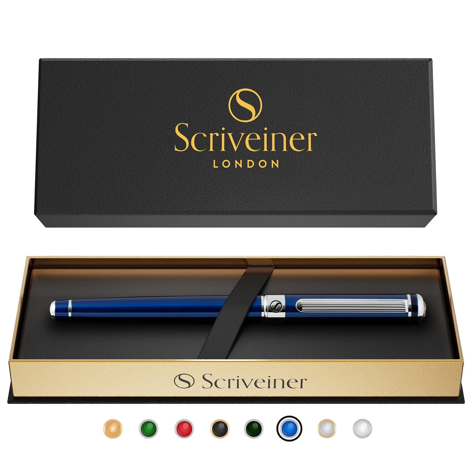 Scriveiner Midnight Blue Rollerball Pen - Stunning Blue Lacquer Luxury Pen, Chrome Finish, Schmidt Ink Refills, Men & Women, Professional, Executive Office, Nice Pen