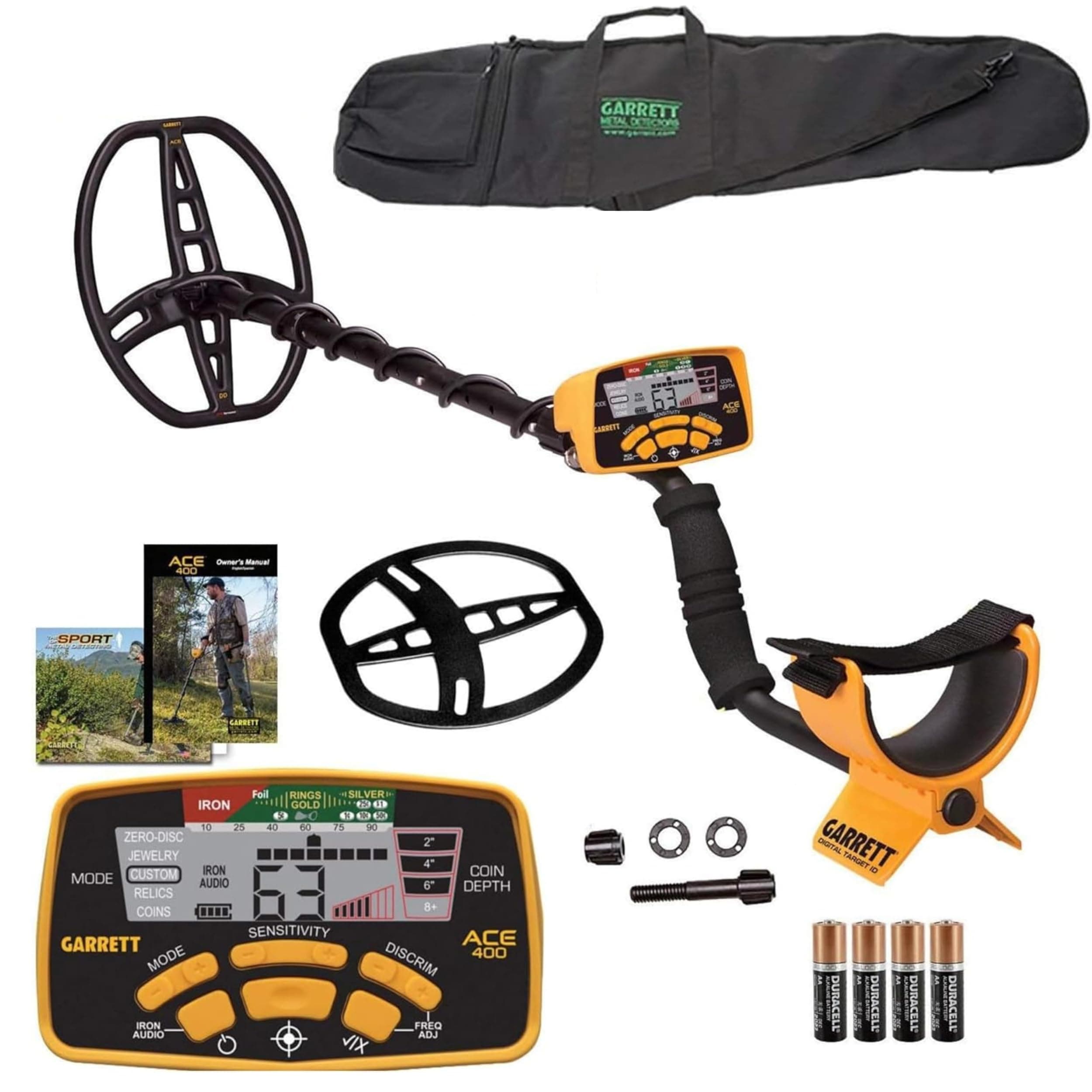 Garrett ACE 400 Metal Detector Bundle – Digital Target ID, Iron Audio, Adjustable Frequency, Includes Carry Bag, & Searchcoil Cover