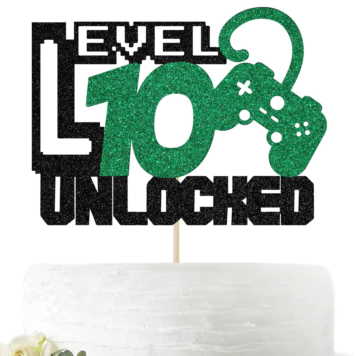 Video Game Level 10 Unlocked Cake Topper - 10th Birthday Decorations for Kids Gamer - Level Up Birthday Party Supplies - Game Controller Theme Party Photo Props(Black and Green)