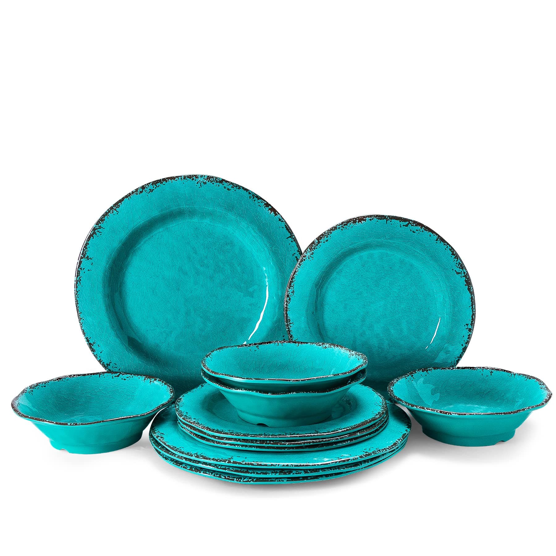 LEHAHA 12 Piece Vintage Melamine Dinnerware Set Includes 4 Dinner Plates, 4 Salad Plates and 4 Serving Bowls for 4, Unbreakable Plates and Bowls for Indoor and Outdoor Use