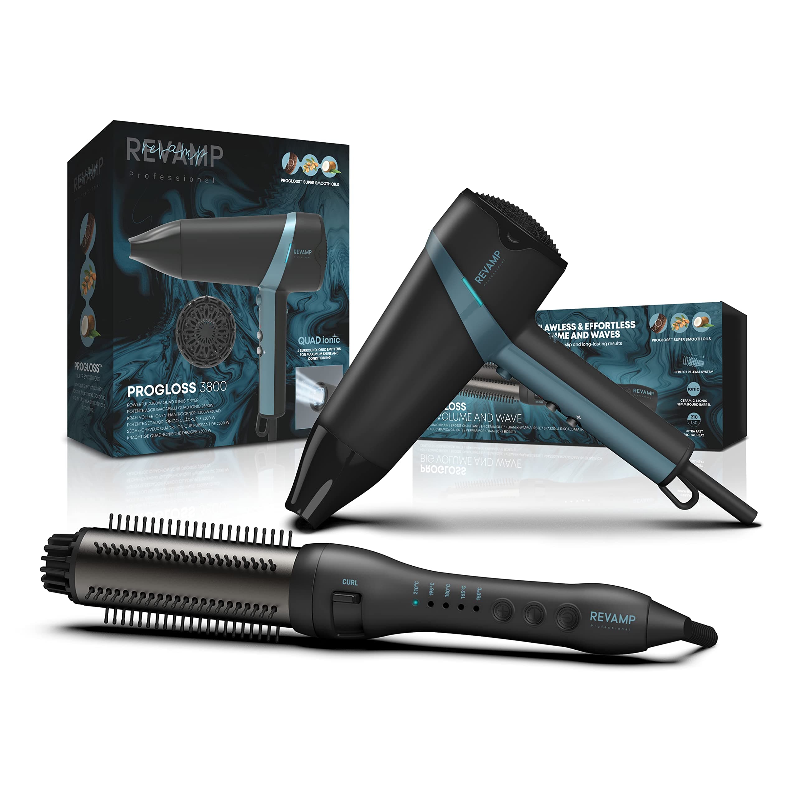 REVAMP Progloss Quad Ionic 3800 Hairdryer - Lightweight, Portable Hairdryer with Concentrator and Volumiser Attachment + Perfect Finish Curl & Waves Brush - Heated Curling Hairbrush