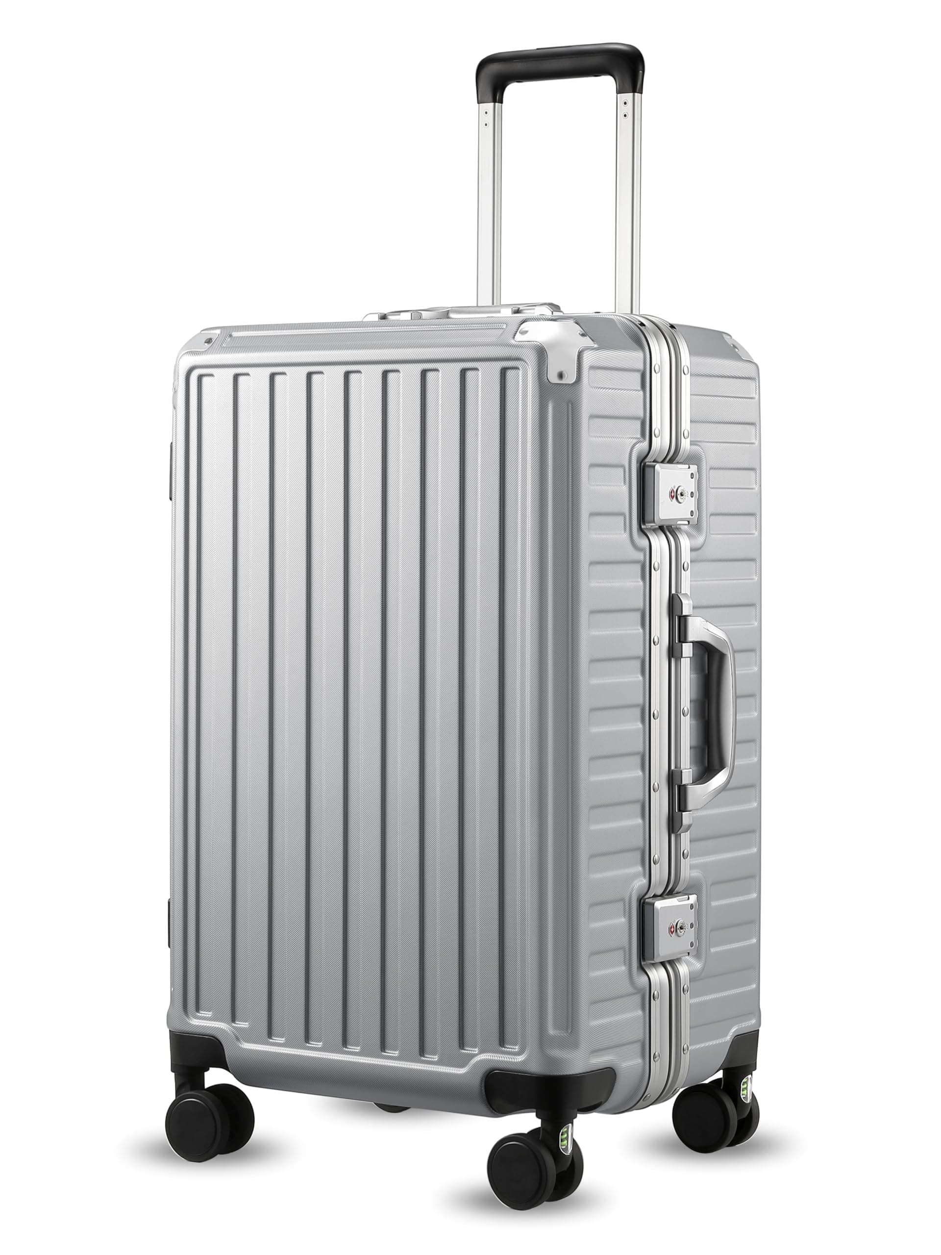 LUGGEX Aluminum Frame Luggage with Spinner Wheels, Zipperless Polycarbonate Hard Shell Suitcase, 24 Inch Checked Luggage, Silver