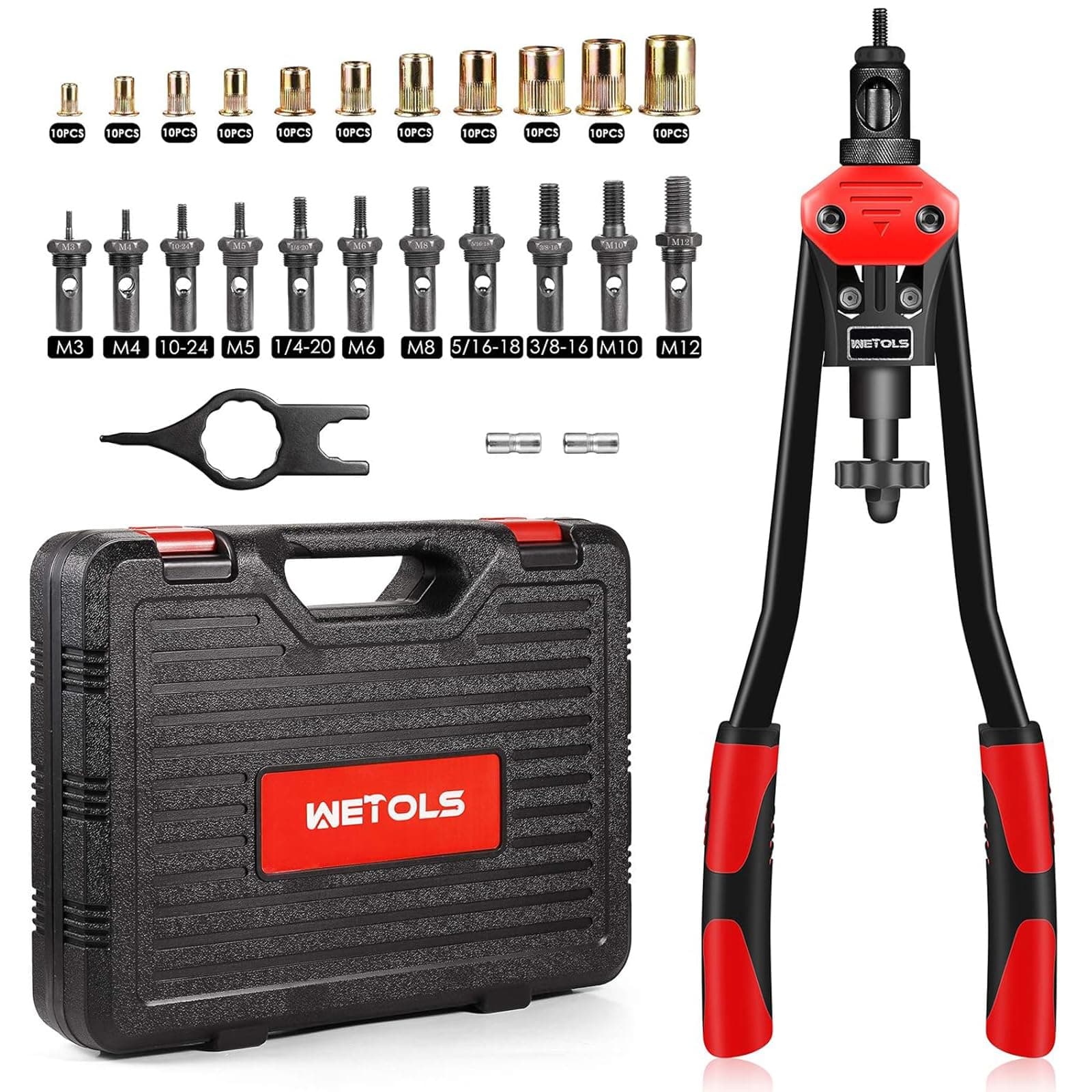 WETOLS 16 Inch Rivet Nut Tool Professional Rivet Nut Tool Kit 11 Meters & Inch Mandrel M3 M4 M5 M6 M8 M10 M12 10/24-1.06 1/4-20 5/16-18 3/8-16 110pcs with Rivet Nut and Blow Carry Case - WE8, 89