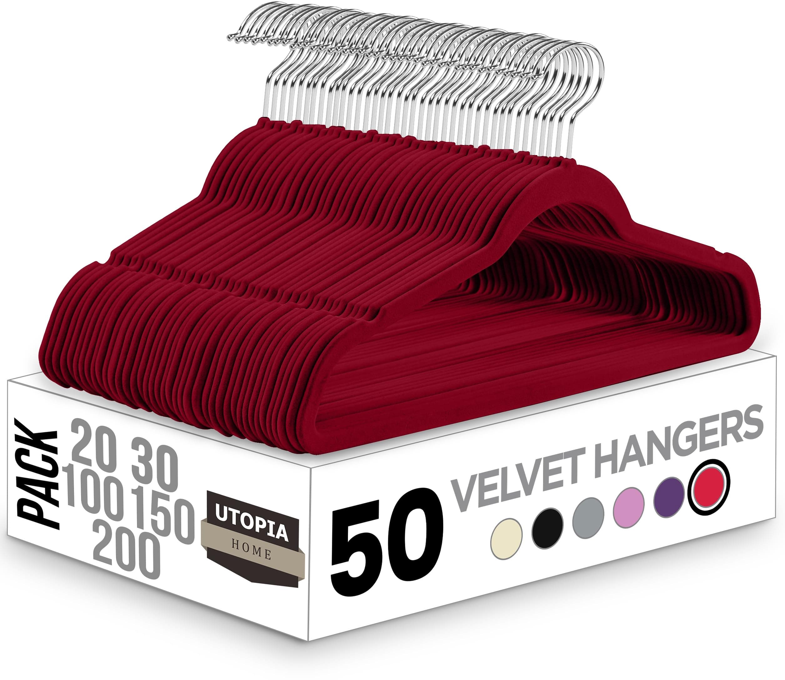 Utopia Home Perchas de terciopelo de alta calidad, paquete de 50 perchas antideslizantes y duraderas, perchas de color burdeos con gancho giratorio de 360 grados, perchas resistentes para abrigos