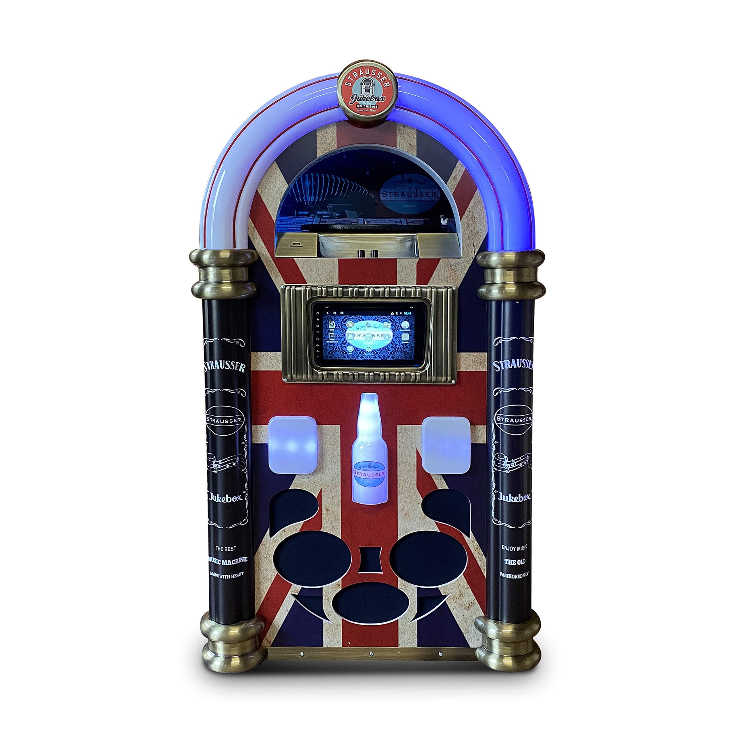 Strausser jukebox: handmade floor standing large jukebox with cd/dvd player, radio, vinyl, usb, youtube, spotify, grey wood, Union Jack