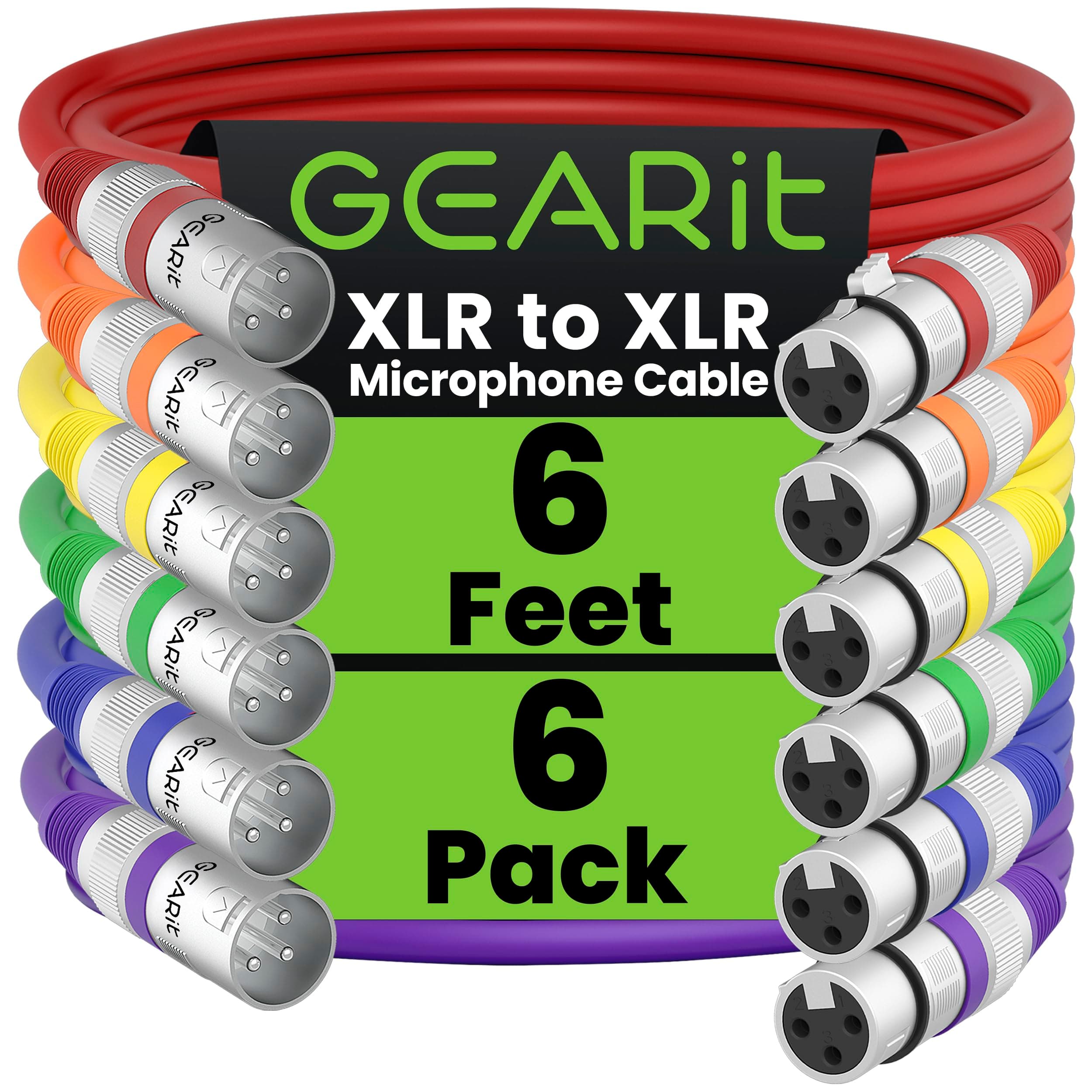 GearIT XLR Microphone Cable (6 Feet, 6 Pack) - 6Ft XLR Male to Female Mic Cable for Mixer, Studio, Podcast - Multi Colored, Shielded