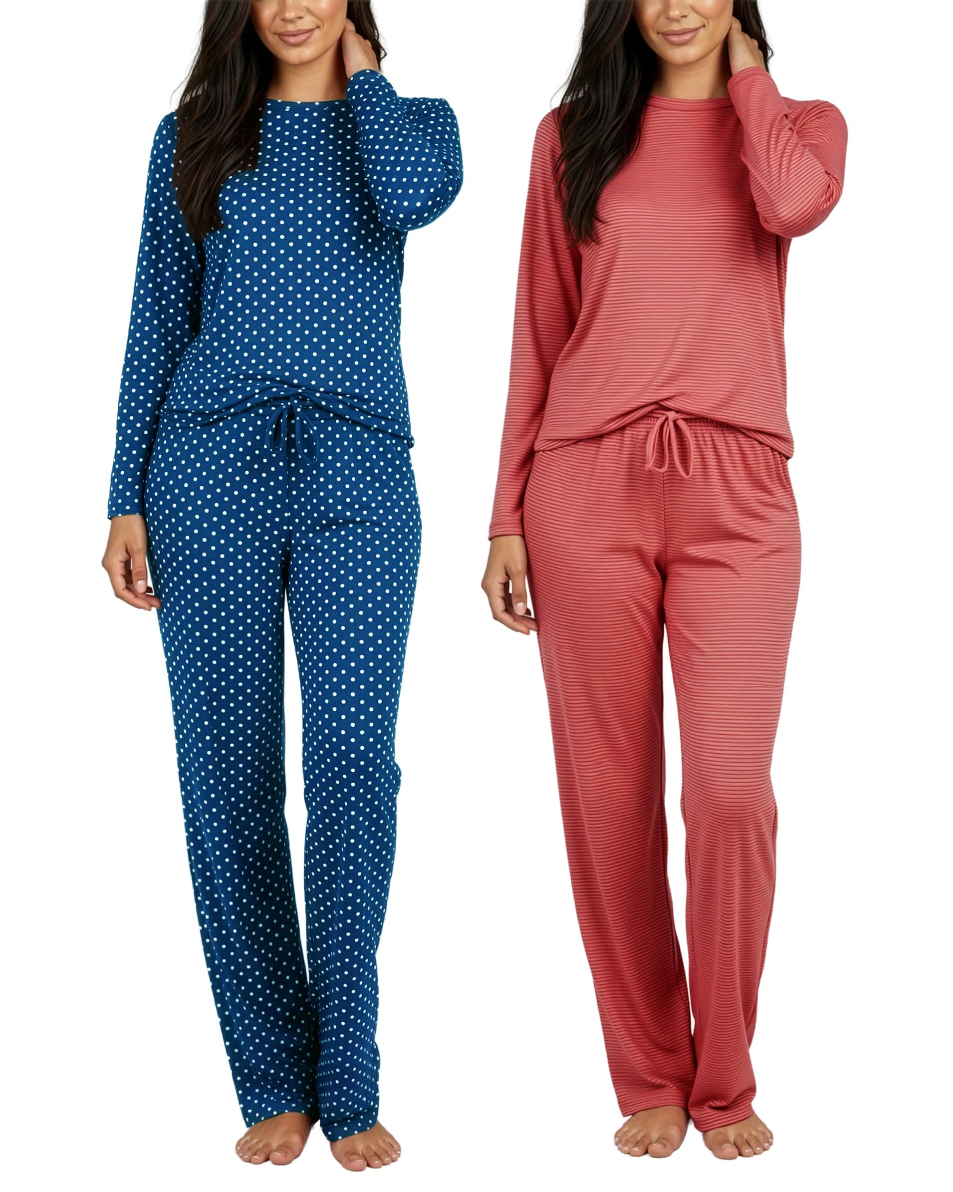 Real Essentials 2 Pack: Women's Comfy Pajama Sets - Short & Long Sleeve Ladies Loungewear Sleepwear PJs (Available In Plus)
