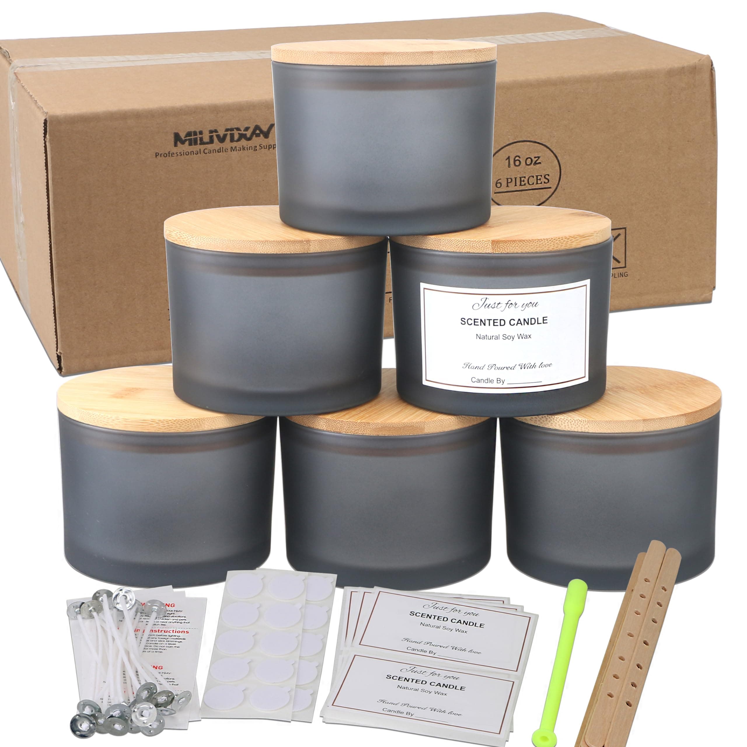 MILIVIXAY 6-Pack 16 oz Frosted Bamboo Lid Candle Jars - Bulk Grey Thick Glass Containers for Large Candles