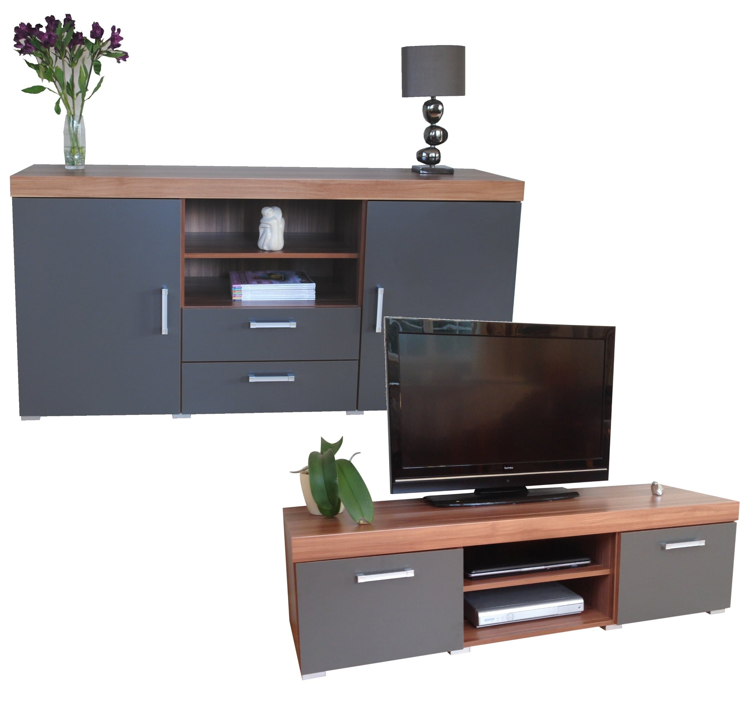 Sydney - Large sideboard and TV Stand, 140 cm, Living Room Set, Colour: Graphite and Walnut Wood, Grey
