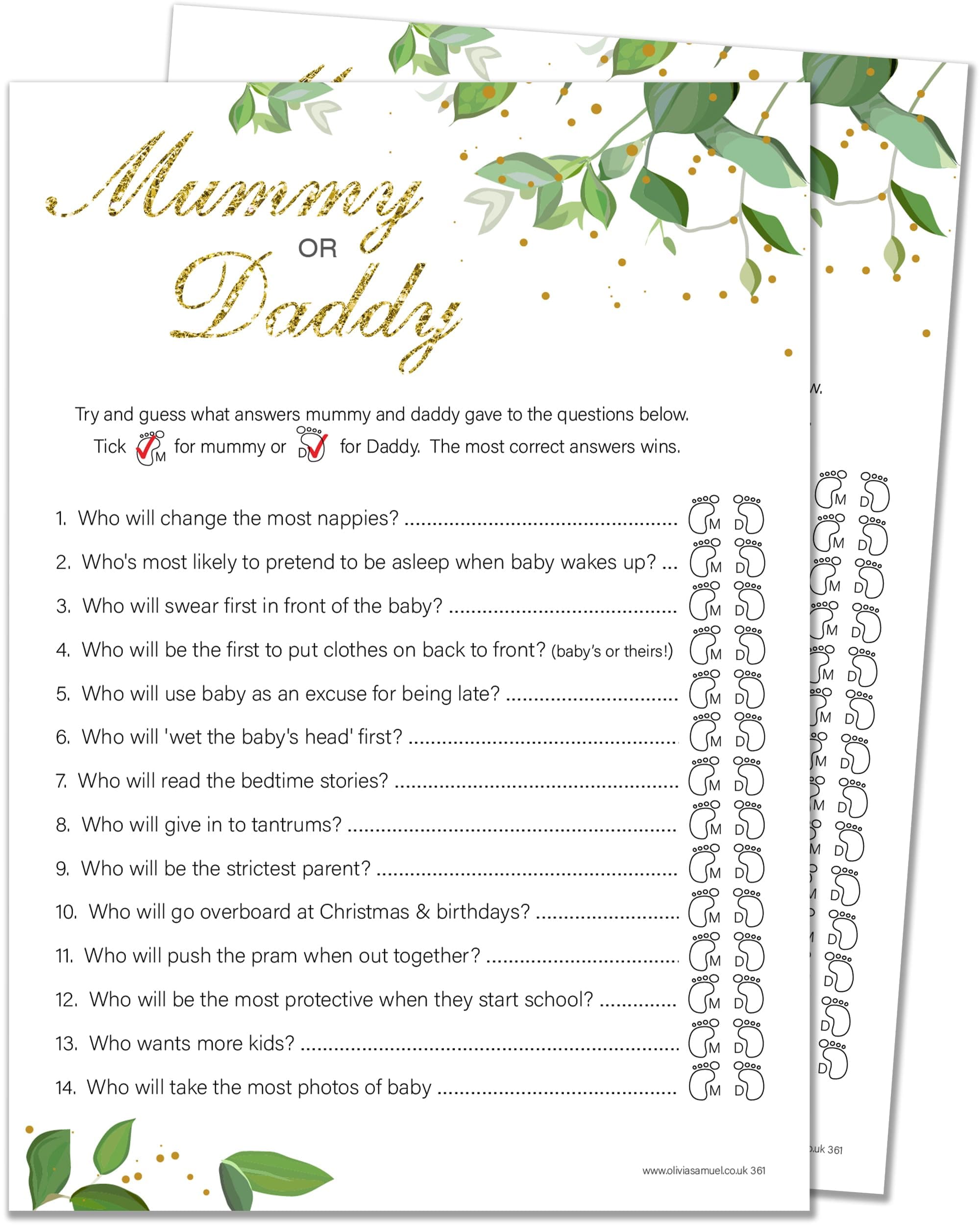 20 x Mummy or Daddy Baby Shower Game - Botanicals Design (20 Guest Cards + 1 Card of Answers for The Host + Winner's Certificate)