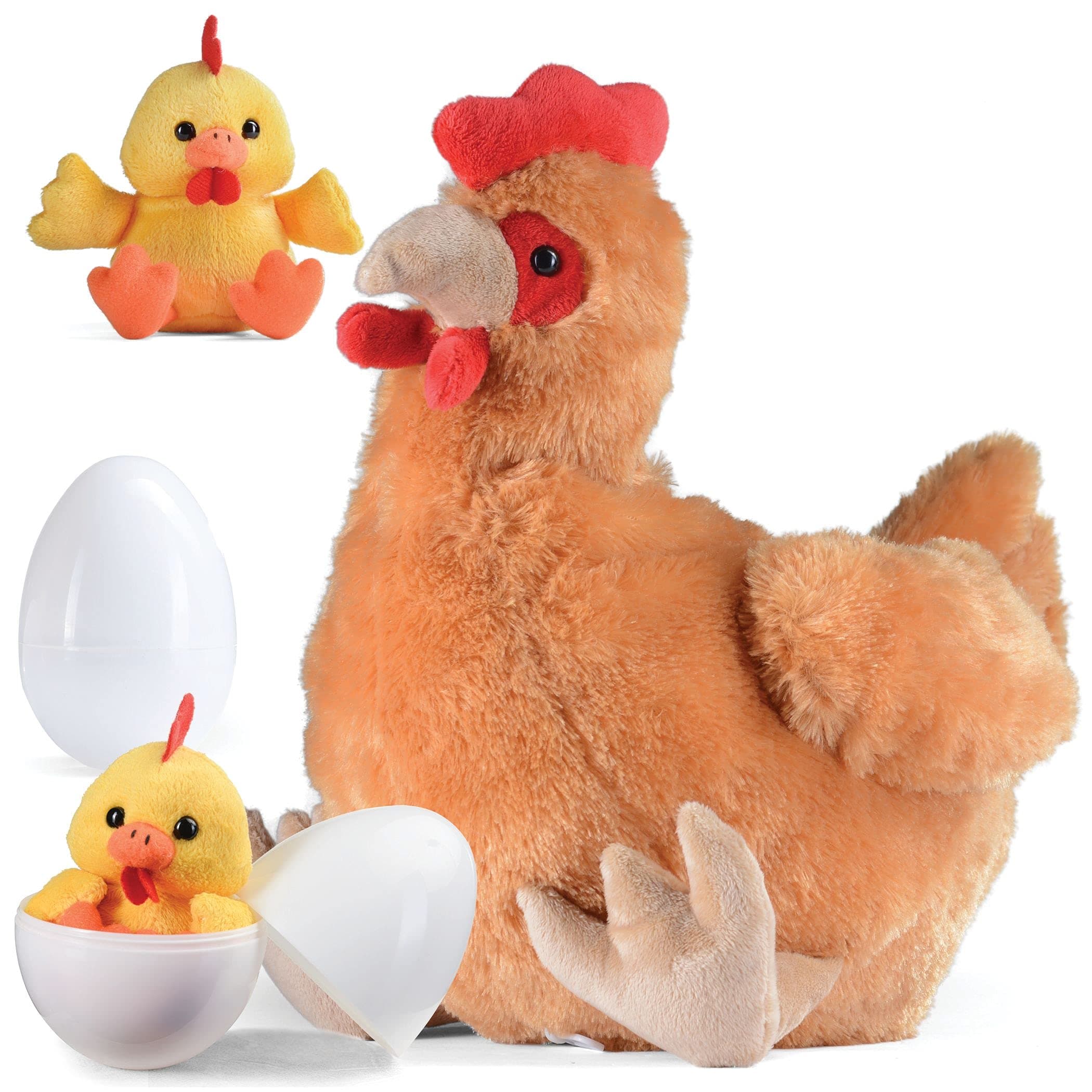 PrextexHen Toy with Two Plastic Easter Eggs and Cute Baby Chicks Inside - Big Mommy Hen Plush with Chicks Zippered in Eggs - Adorable Chicken Plushies for Kids 3-5 Years Old