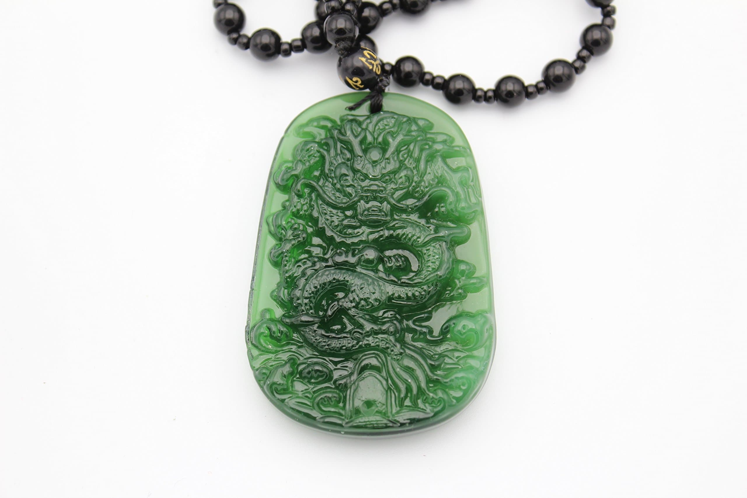 EastMeetsWest Large Chinese Jade Imitation Dragon For Success Pendant Obsidian Imitation Beads Necklace Feng Shui Hanging Charm