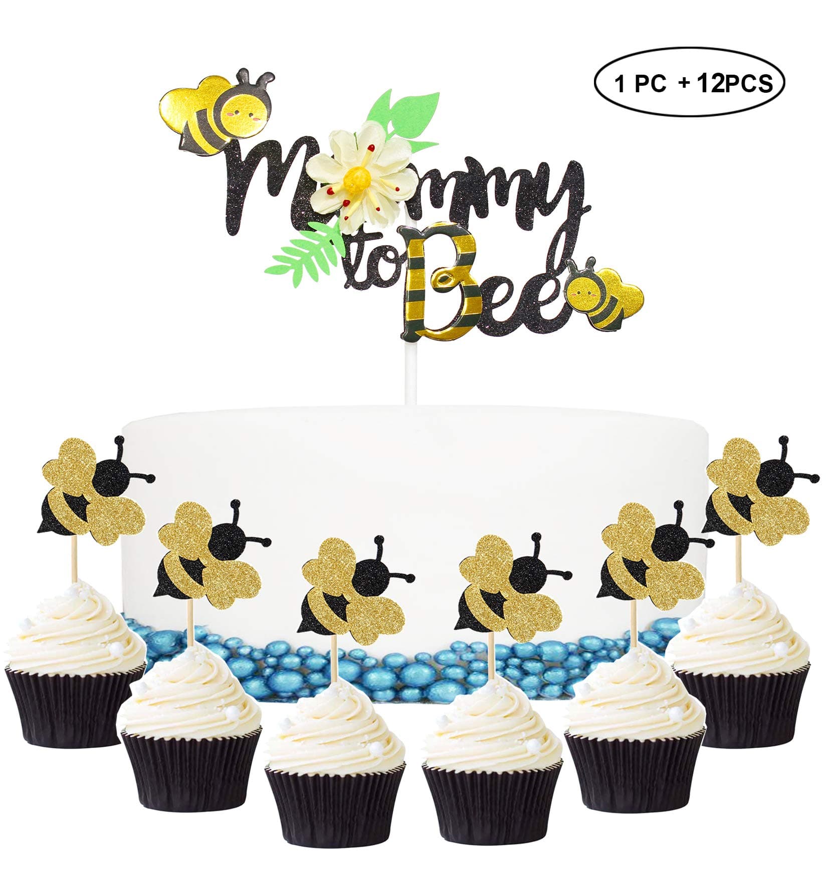 Bumble Bee Cupcake Toppers Set-12PCS With 1 Large Cake Topper Baby Shower Party Decor