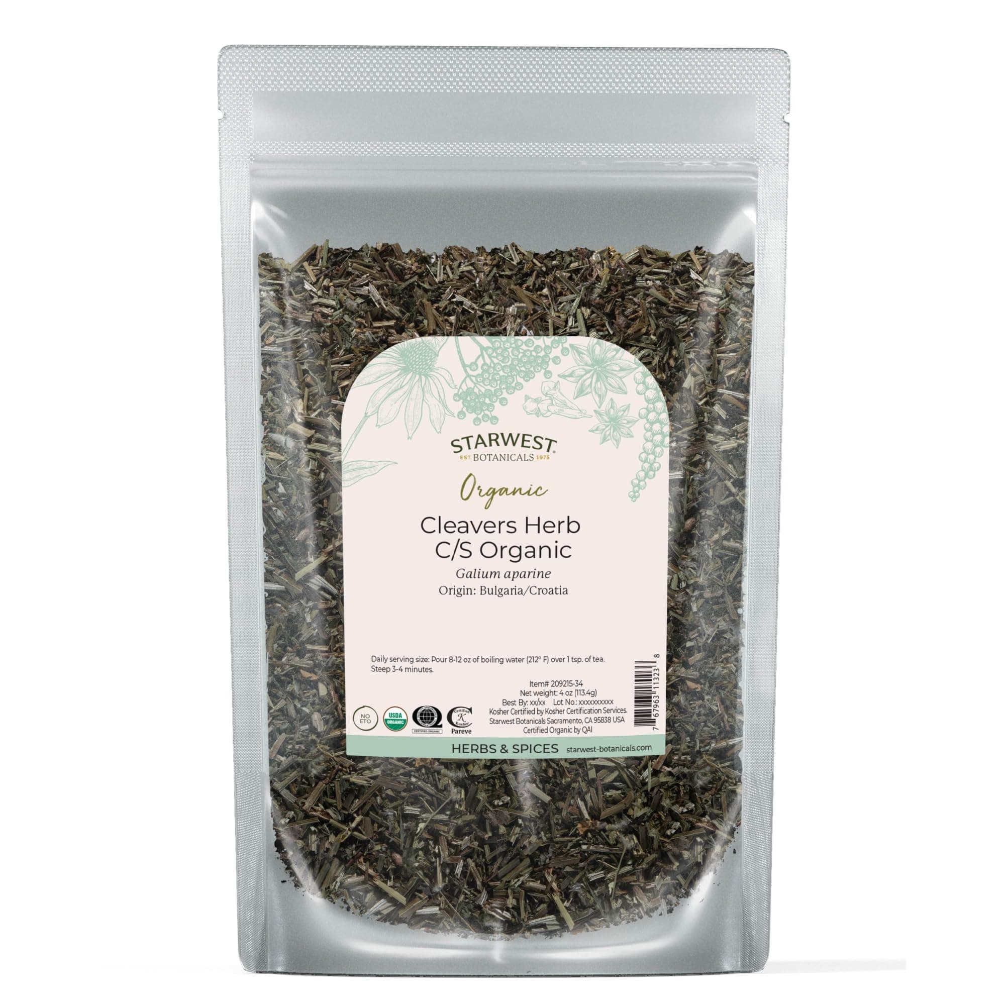 Starwest Botanicals Cleavers Herb Organic - Dried Loose Leaf Herb for Tea, & Herbal Blends, Cut & Sifted, Certified Kosher, Non-GMO - 4 oz Pouch