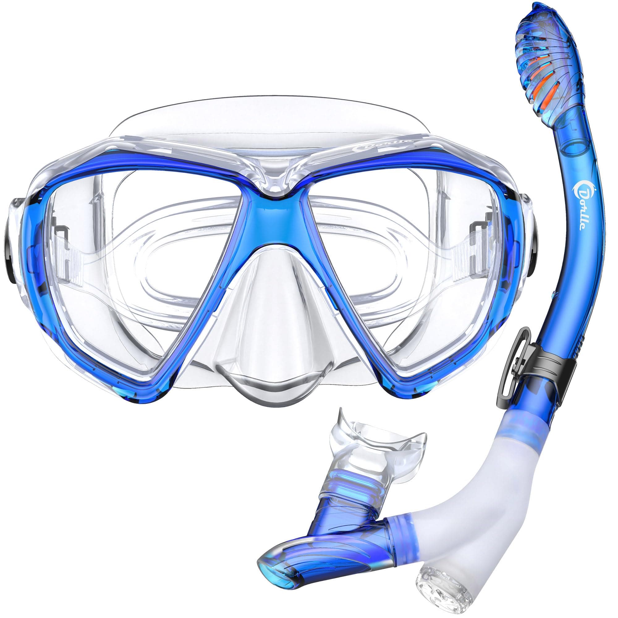 Dorlle Snorkel Set with Snorkel and Diving Goggles, Waterproof Diving Mask, Anti-Fog, Anti-Leak, Tempered Glass, with 3-Channel Premium Dry Snorkel for Adults, Clear/Blue