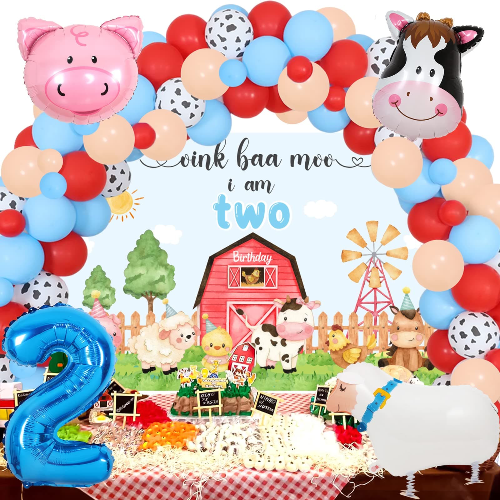 JOYMEMO Red Blue Farm 2nd Birthday Decorations Boy - Farm Animals Balloon Garland Arch Kit with Oink Baa Moo Im Two Backdrop, Number 2 Cow Sheep Pig Balloons for Farmhouse I Am Two Party Supplies