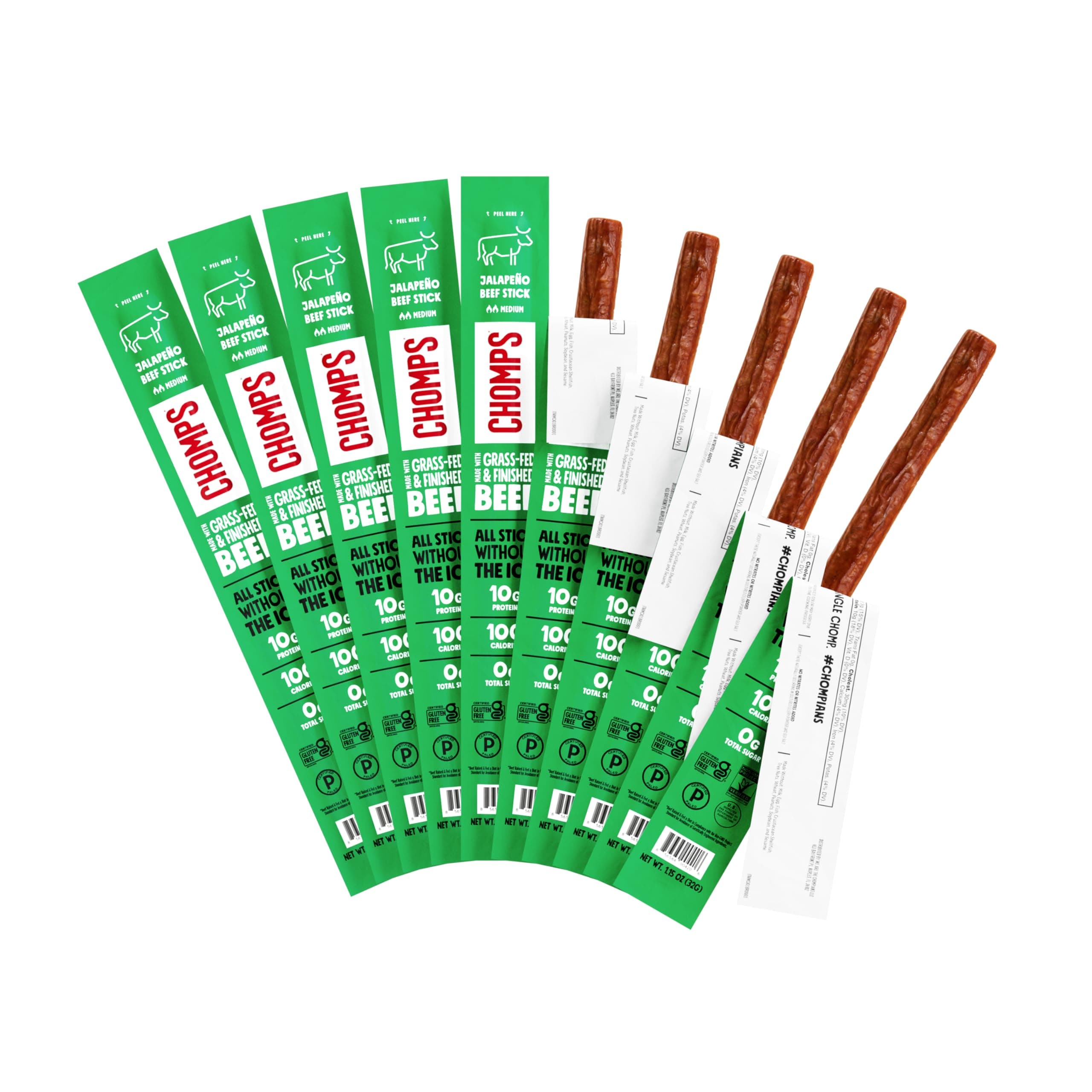 - Chomps Grass-Fed and Finished Jalapeño Beef Jerky Snack Sticks 10-Pack - Keto, Paleo, Whole30, 10g Lean Meat Protein, Gluten-Free, Zero Sugar Food, Non-GMO