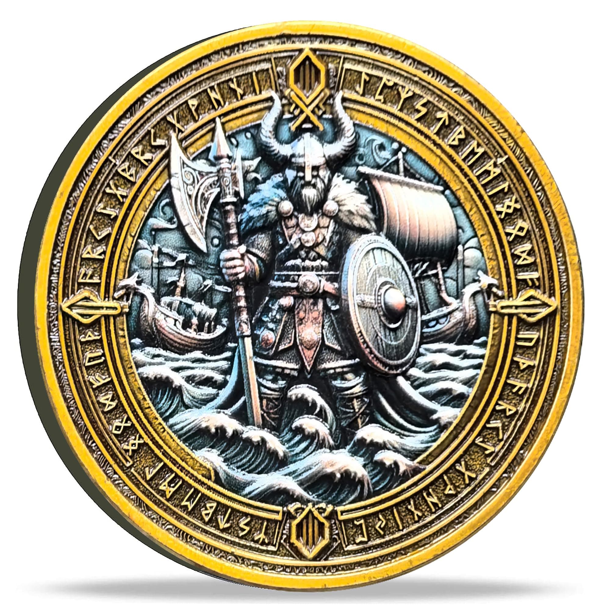 Viking Warrior and Mjölnir Challenge Coin - Intricate Norse Mythology Design with Runic Inscriptions (Single Coin)