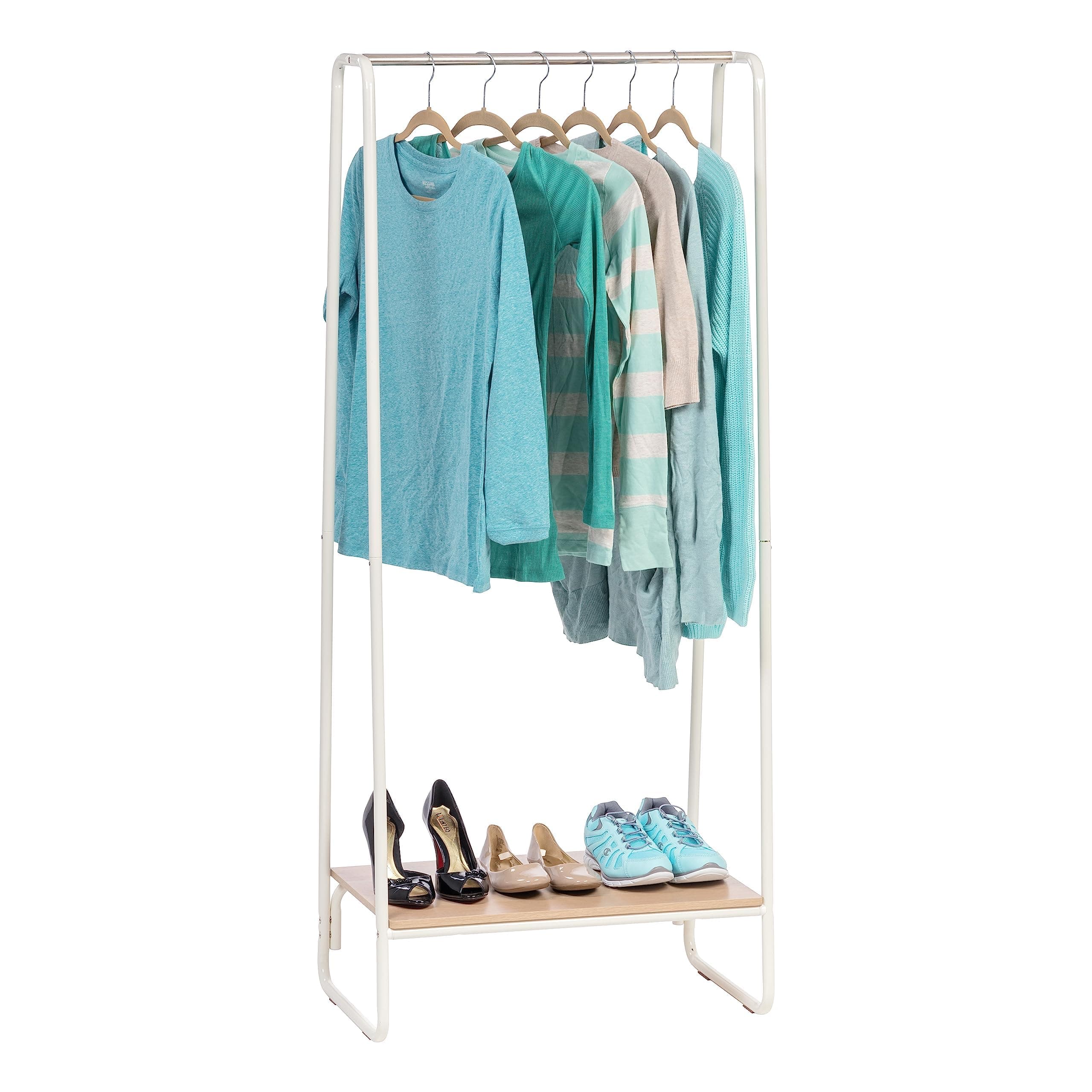 Iris OhyamaUSA Clothing Rack, Clothes Rack with Wood Shelf, Freestanding Easy to Assemble Garment Standing Metal Sturdy Small Space Storage Solution, White