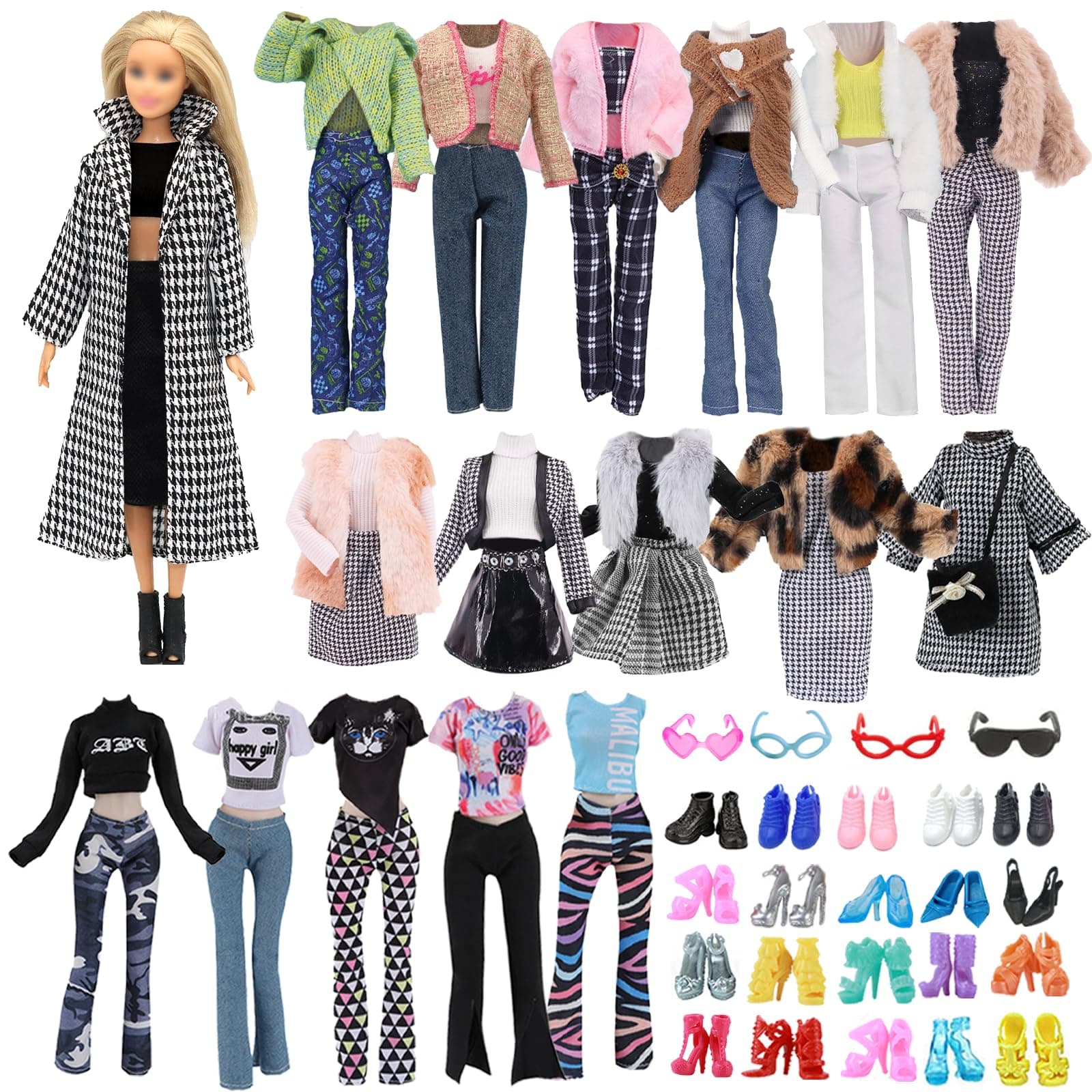 30 Doll Clothes 1 Thousand Bird Check Coat 2 Winter Coats 4 Tops 1 Pullover 2 Skirts 3 Pants 1 Hat 2 Glasses 14 Shoes for 11.5 Inch Doll Girls Gift, in Random