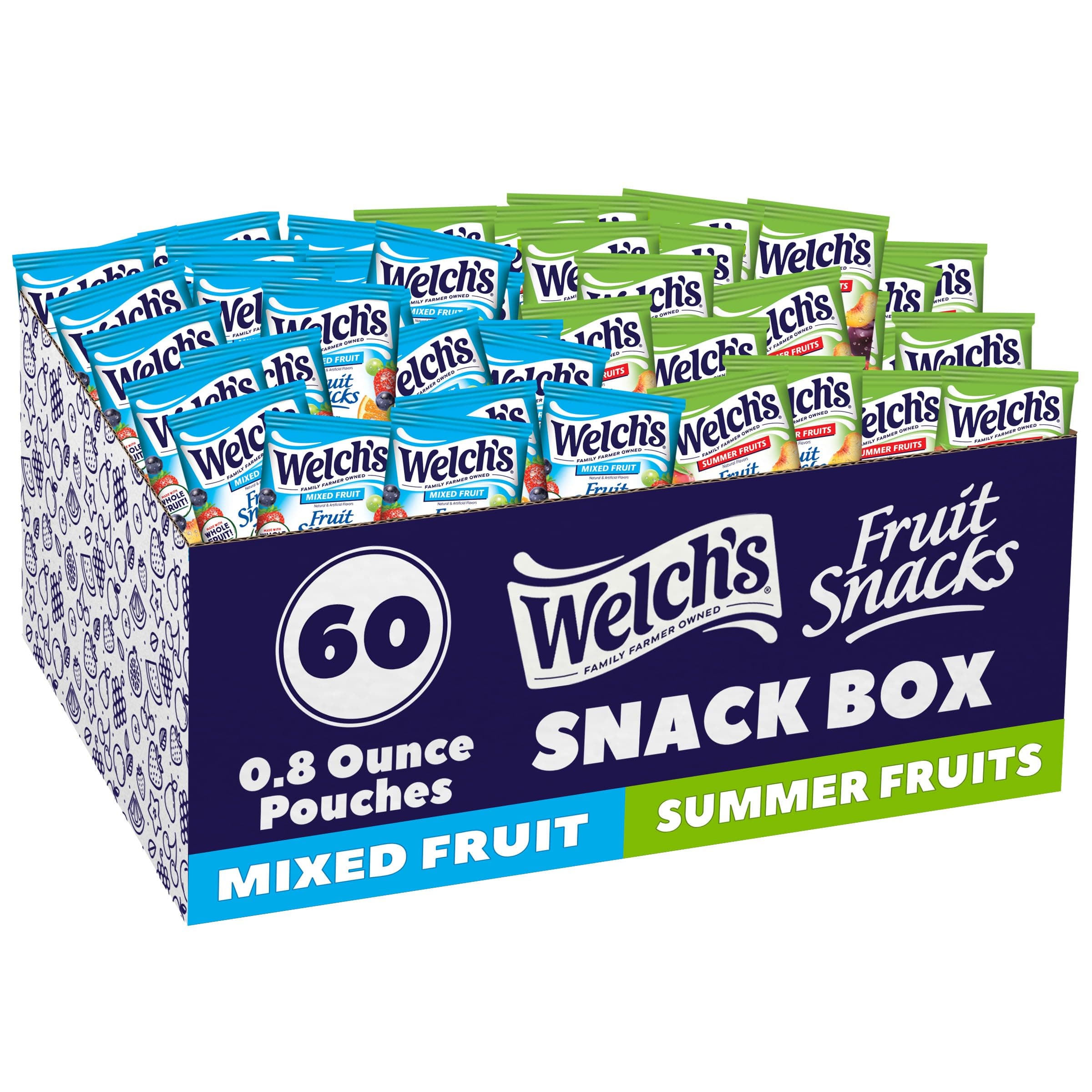 Welch's Fruit Snacks, Mixed Fruit & Summer Fruits Bulk Variety Pack, Perfect for School Lunches, Gluten Free, 0.8 oz Individual Single Serve Bags (Pack of 60)
