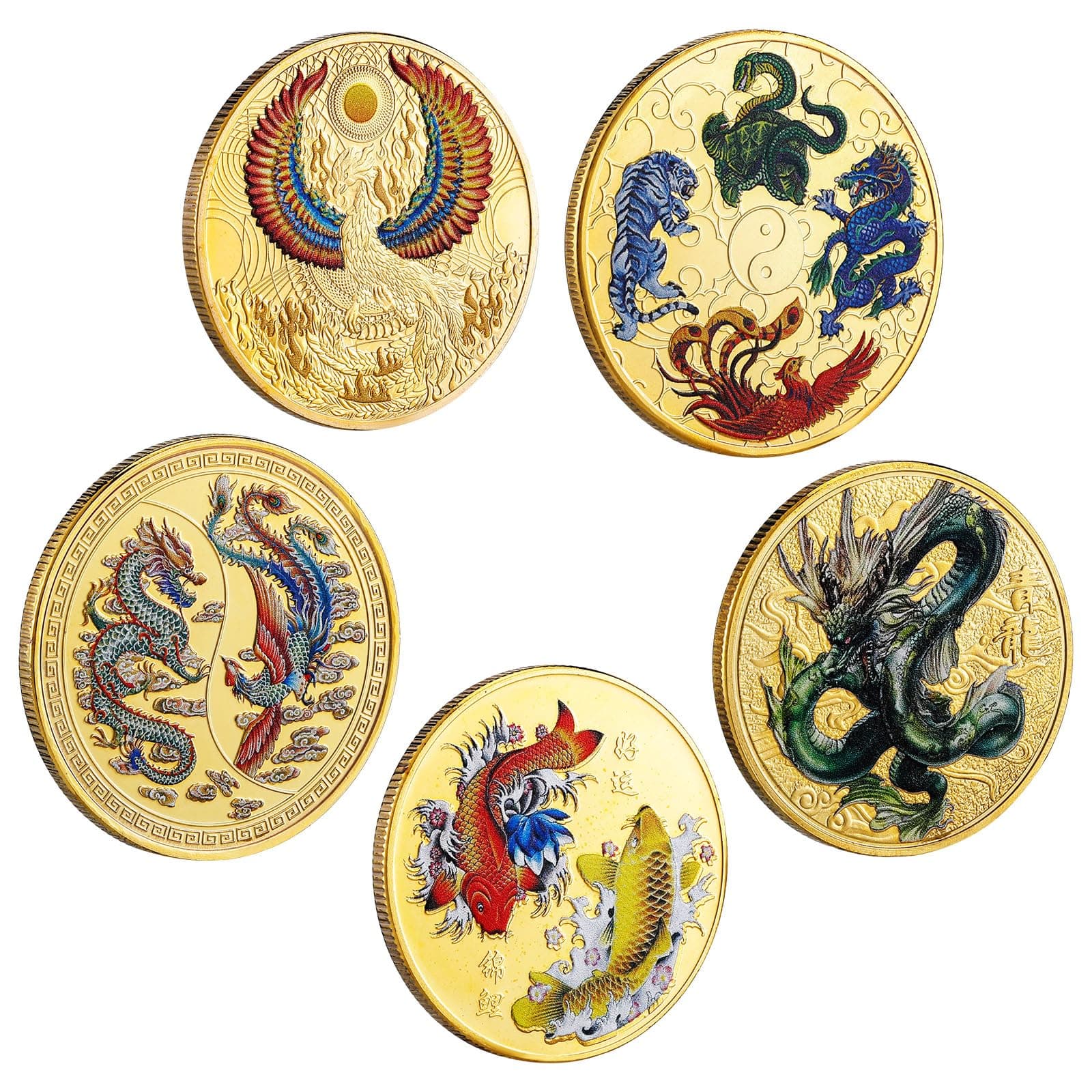 Ecally 5 Pieces Chinese Lucky Coin Ancient Mythical Creatures Charming Ancient Dragon and Phoenix Chinese Coins Animal Commemorative Novelty Metal Specie for Office Fortune Collection Gifts(Classic)