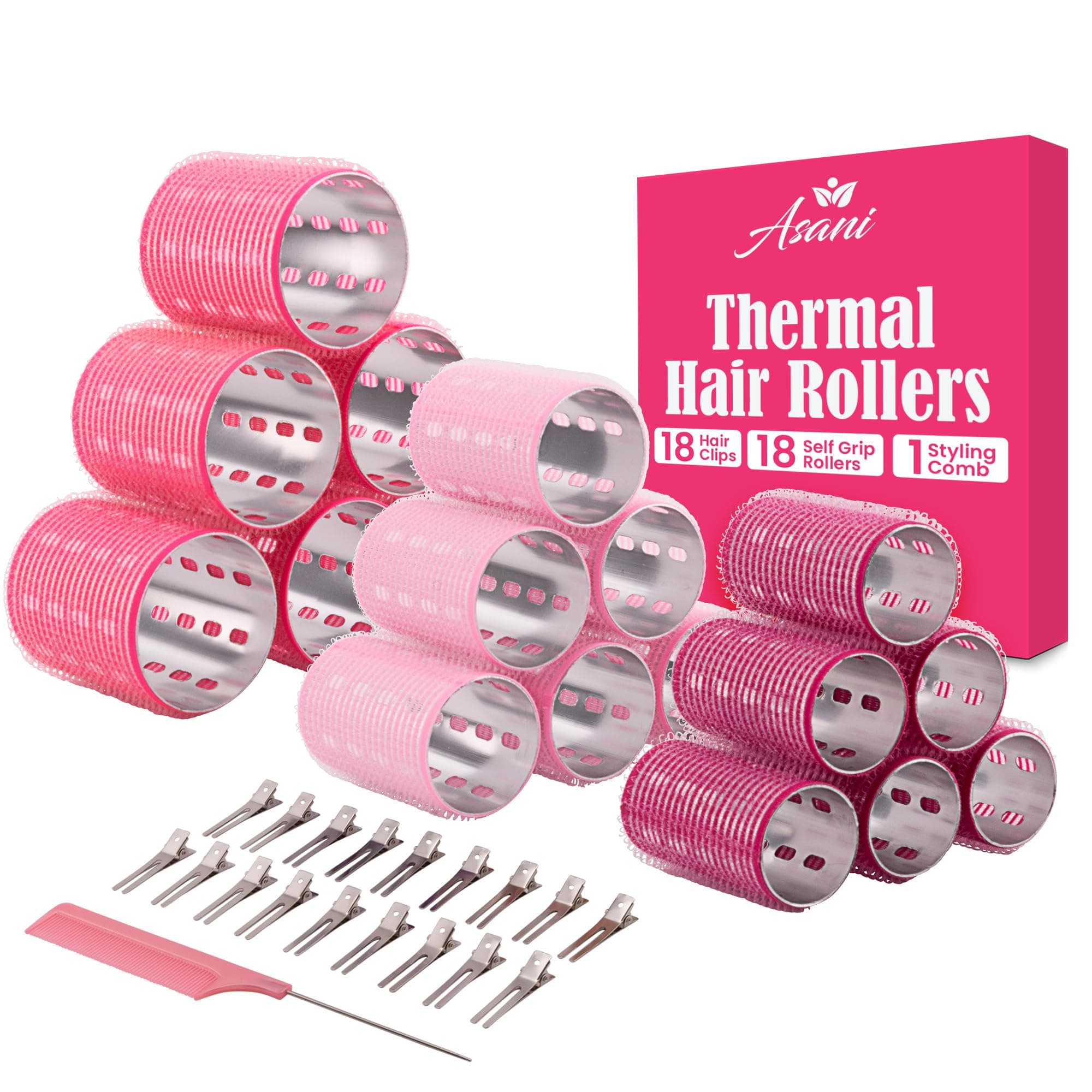 Asani Thermal Rollers for Hair - 37 Self Grip Hair Rollers with 18 Clips and Styling Comb - Aluminum Thermal Hair Rollers for Volume and All-Day Curls - For Short, Medium, and Long Hair (Large)
