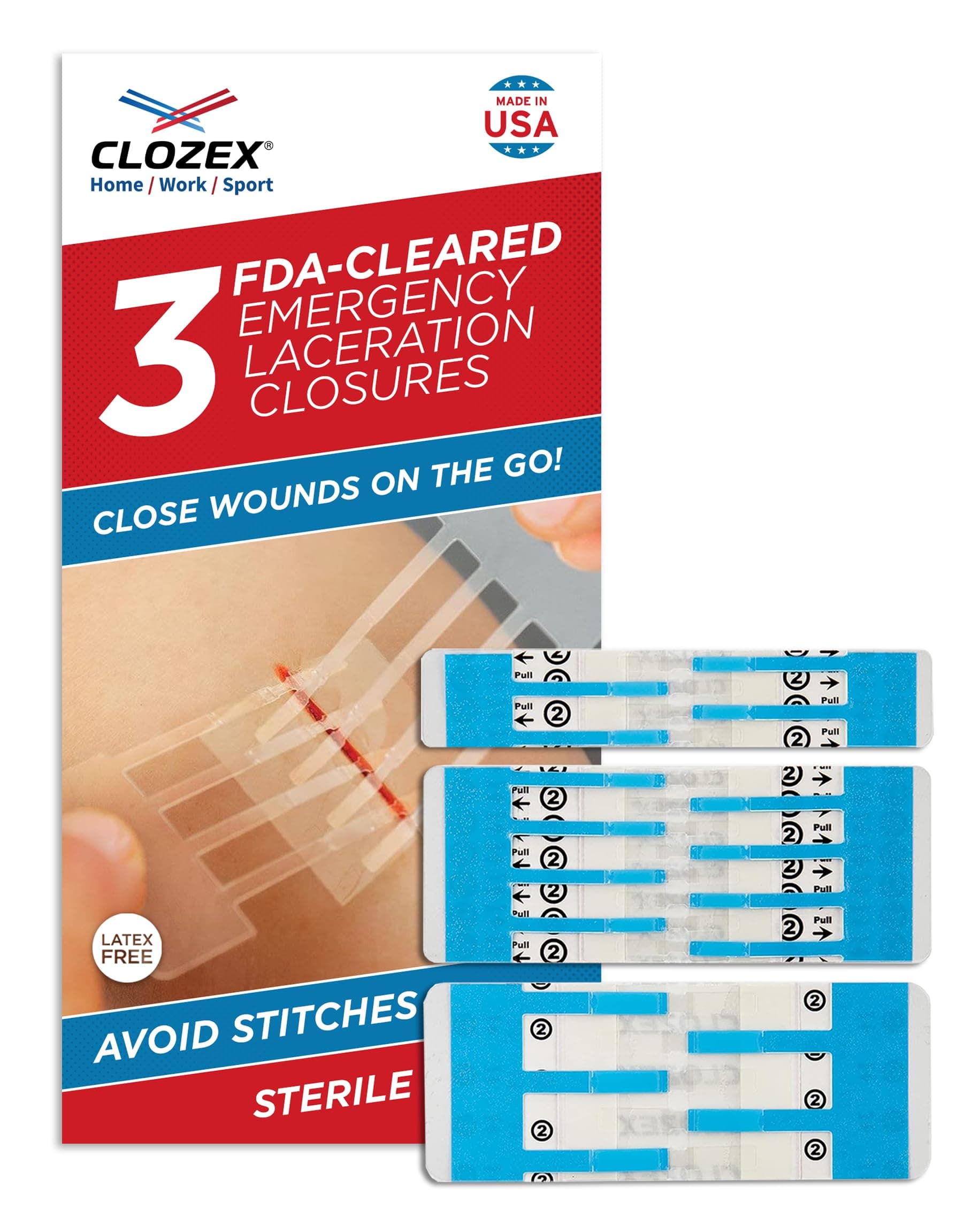 Clozex Emergency Laceration Closures - Repair Wounds Without Stitches. FDA Cleared Skin Closure Device for 3 Individual Wounds Or Combine for Total Length of 4 1/4 Inches. Life Happens, Be Ready!