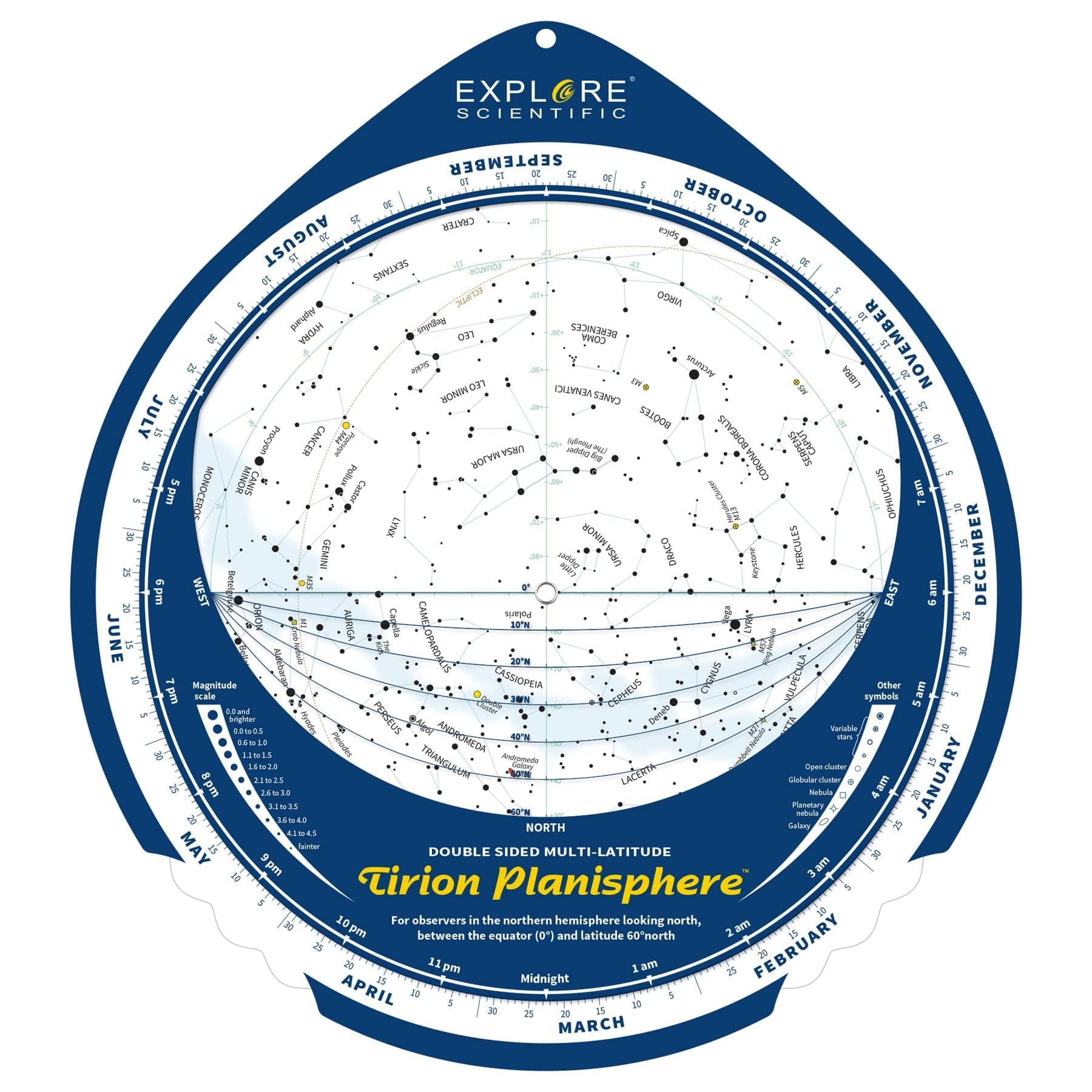 Explore Scientific Tirion Double-Sided Multi-Latitude Planisphere Night Sky Star Map Guide for Astronomy