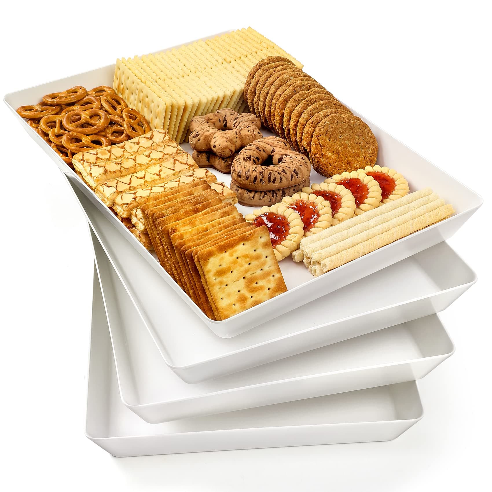 Set of 4 Large Plastic Trays 16" x 11.5" White - Reusable Plates for Cookies, Snacks, Sausages, Snacks, Desserts, Party Food Display, Tray