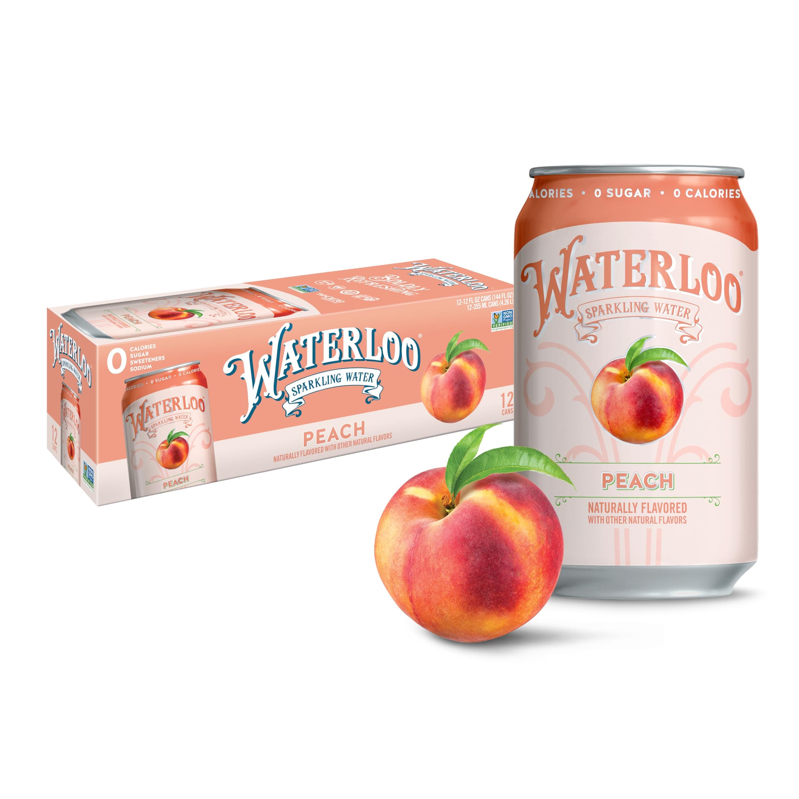 Waterloo Sparkling Water, Peach Naturally Flavored, 12 Fl Oz Cans, Pack of 12 | Zero Calories | Zero Sugar or Artificial Sweeteners | Zero Sodium