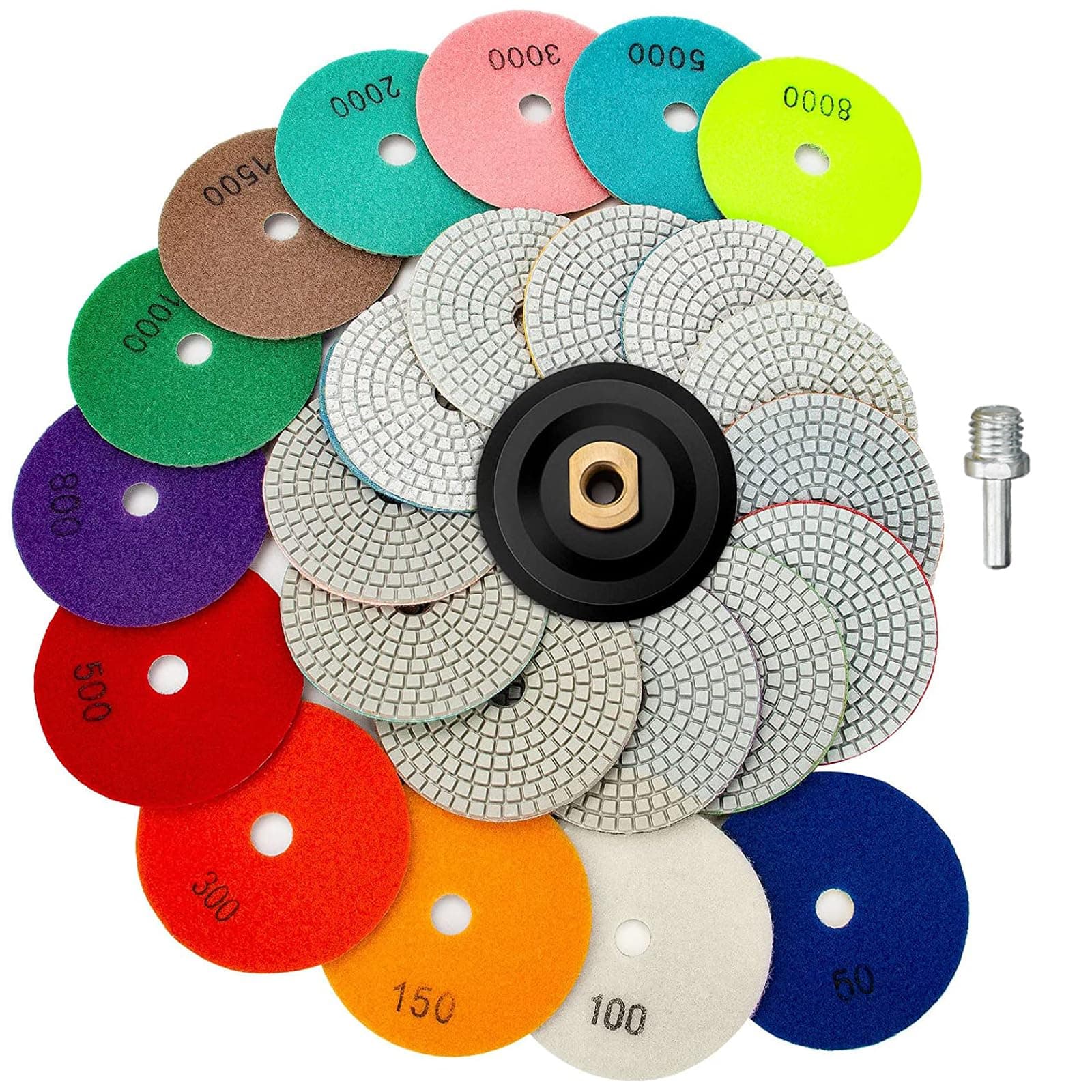 13 Packs 4 Inch Diamond Polishing Pads with 5/8’’-11 Backer Pad 12PCS Wet/Dry Polish Pad Kit for Drill Grinder Polisher 50-8000 Grit Pads for Granite Marble Concrete Stone Countertop Quartz Polishing