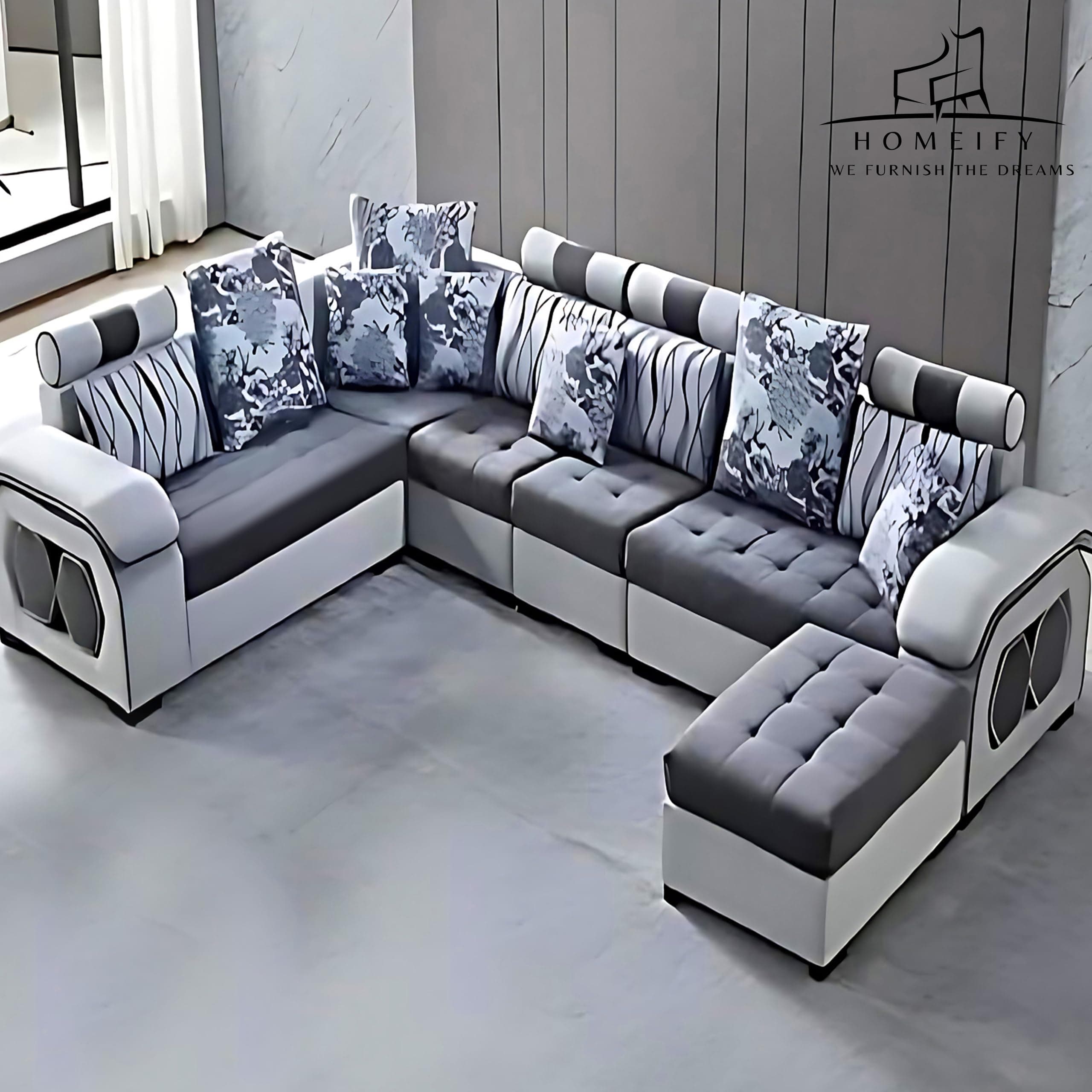 Homeify Carlo 9 Seater Fabric Sofa Set with 4-Puffy Convertible Sofa Set for Living Room, 72-96 Inches, Dark Grey