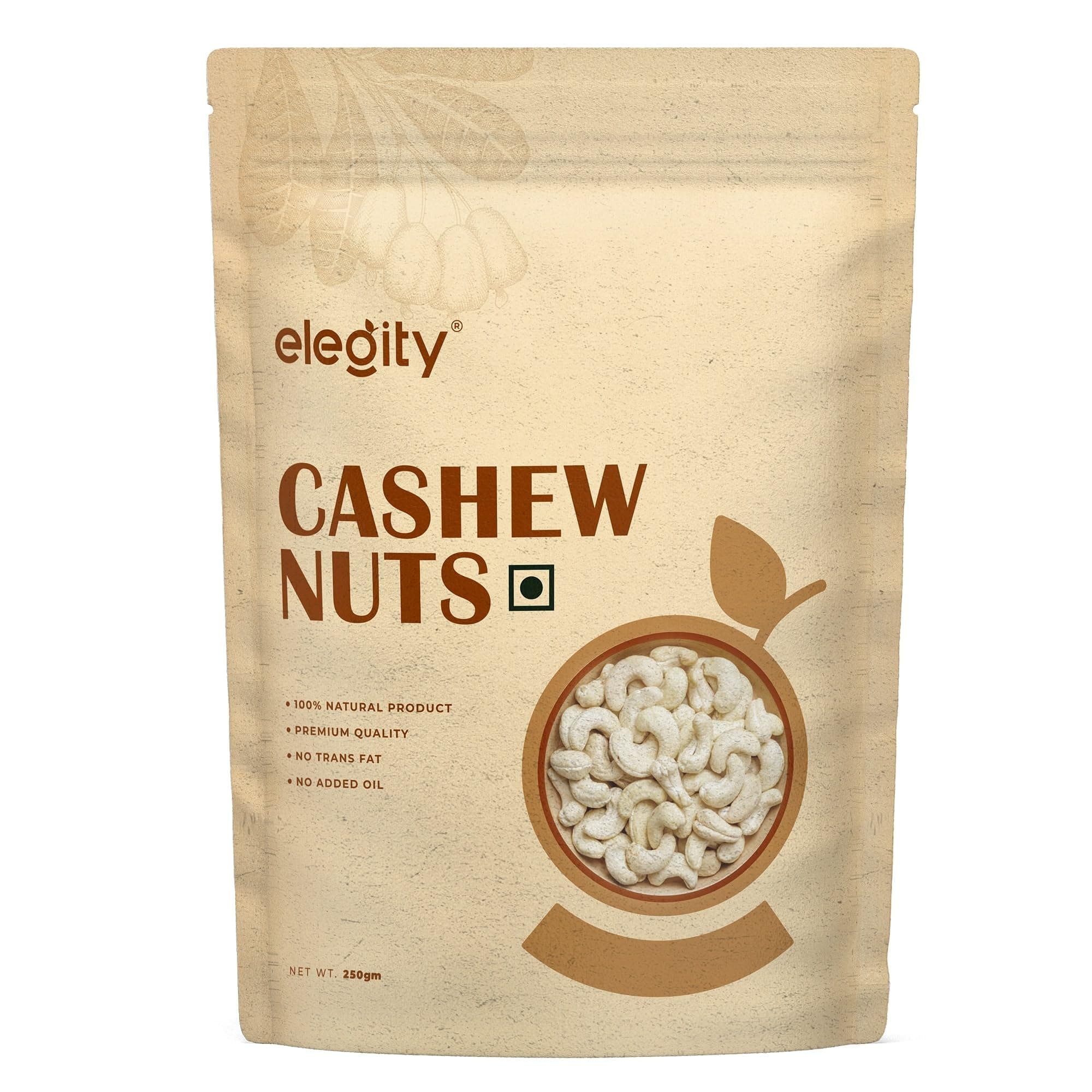 Elegity 100% Natural Plain W320 Cashew Pouch 250 gm | Whole Kaju - Nutritious, Delicious & Crunchy | No Added Preservatives in Dry Fruit | Source of Fibre, Rich in Protein