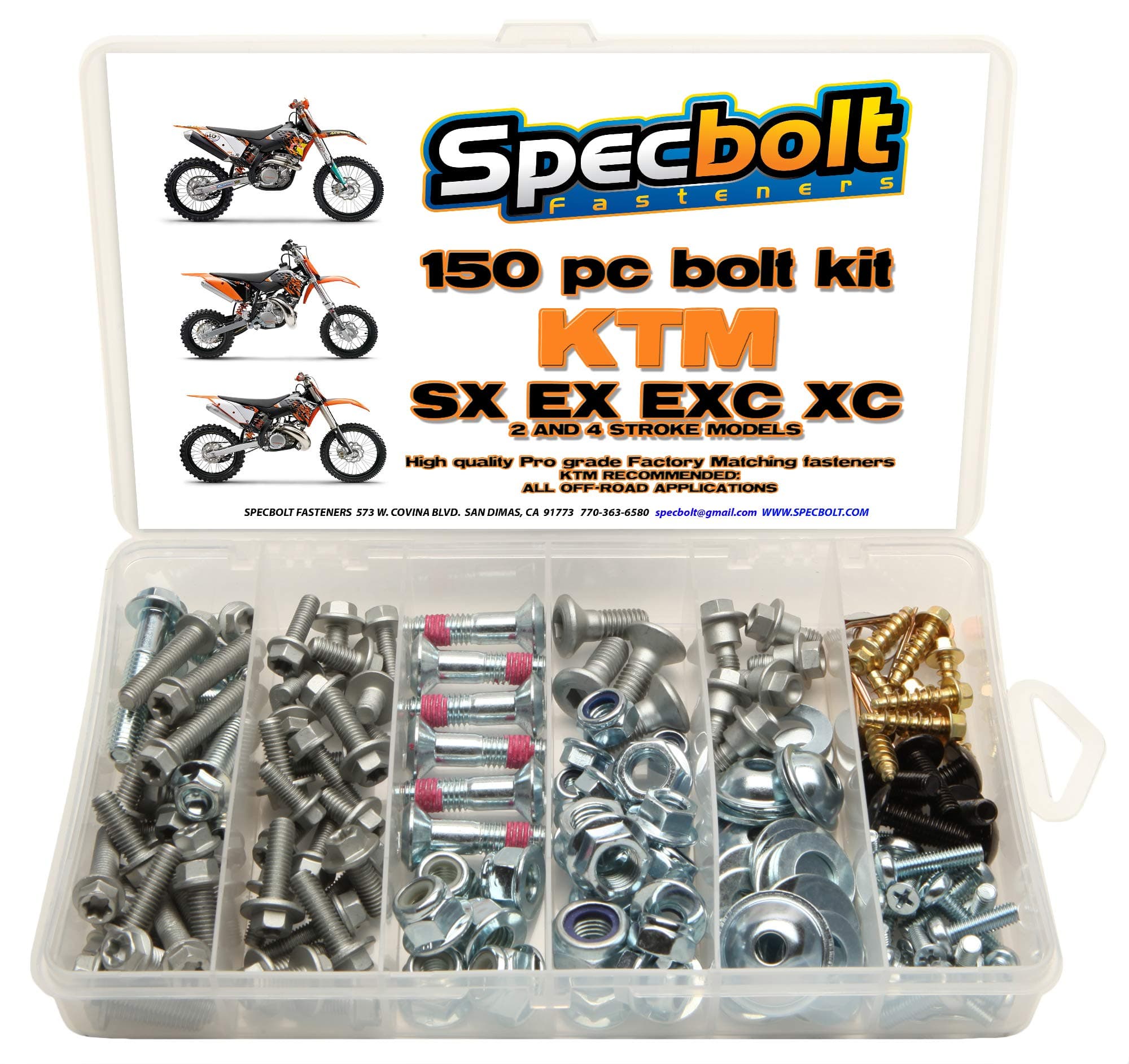 150pc Specbolt KTM SX EX EXC 2 or 4 Strokes Bolt Kit Maintenance MX Dirtbike OEM Spec Fastener 2 STROKES: 50 60 65 85 105 125 250 300 360 380 550 AND 4 STROKES: 250 350 400 450 500 520 525 530 620 640