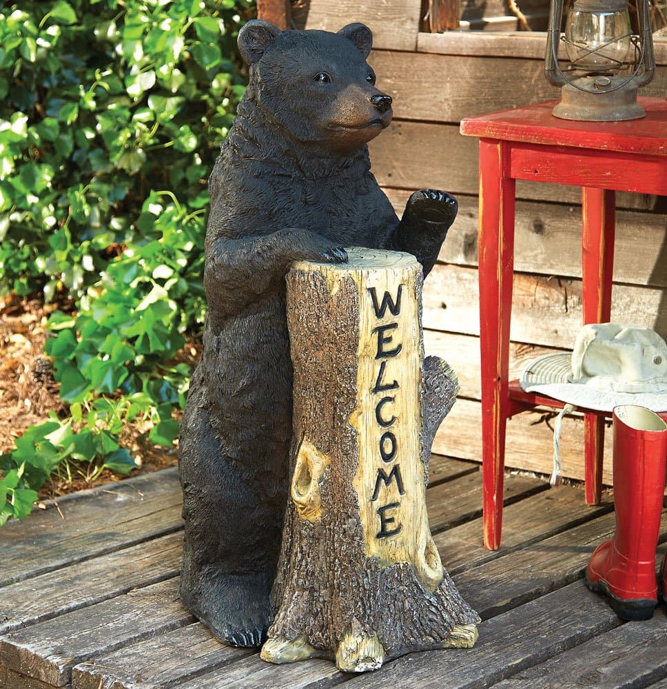 BLACK FOREST DECOR Standing Bear Tree Trunk Welcome Sign â Rustic Black Bear Decor, 14" W x 20" D x 35 1/2" H