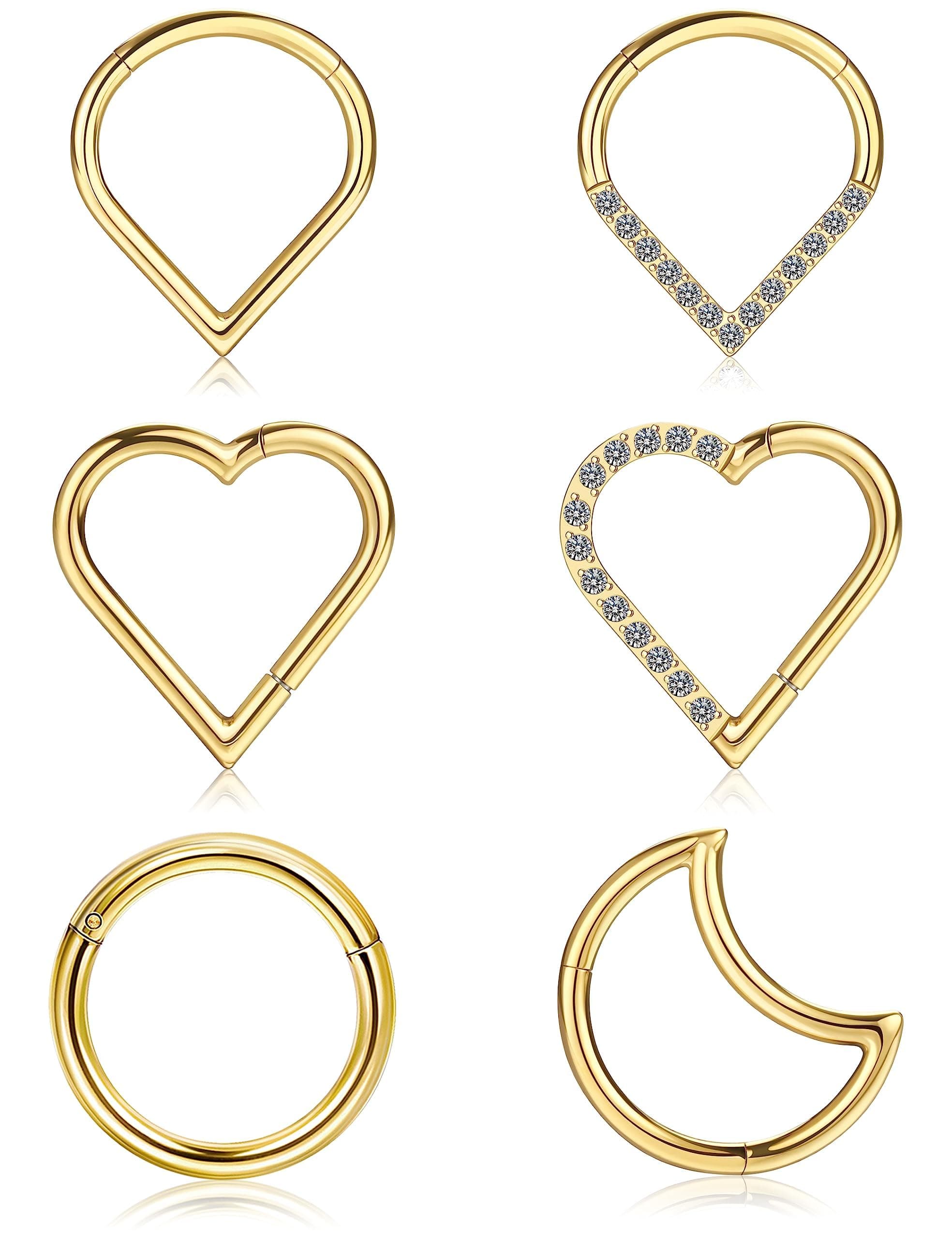 FIOROYAL6 Pcs 16G Hinged Nose Rings Hoop Suptum Clicker Conch Piercing Earrings for Women Men Surgical Steel Hypoallergenic Tragus Daith Rook Cartilage Helix Earrings CZ Septum Piercing Jewellery