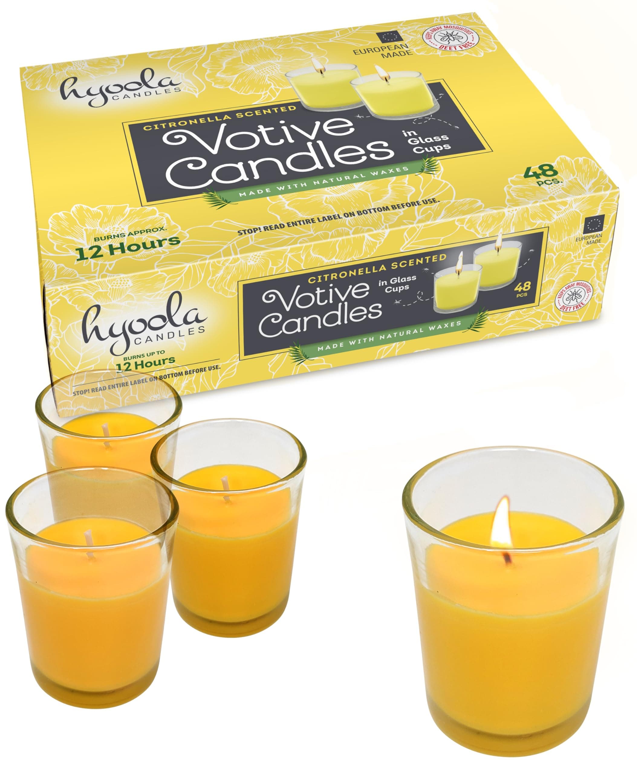 Citronella Candle Votives in Glass Cup - 48 Pack - Indoor and Outdoor Decorative and Mosquito, Insect and Bug Repellent Candle - Natural Fresh Scent - 12 Hour Burn Time - Made in Europe