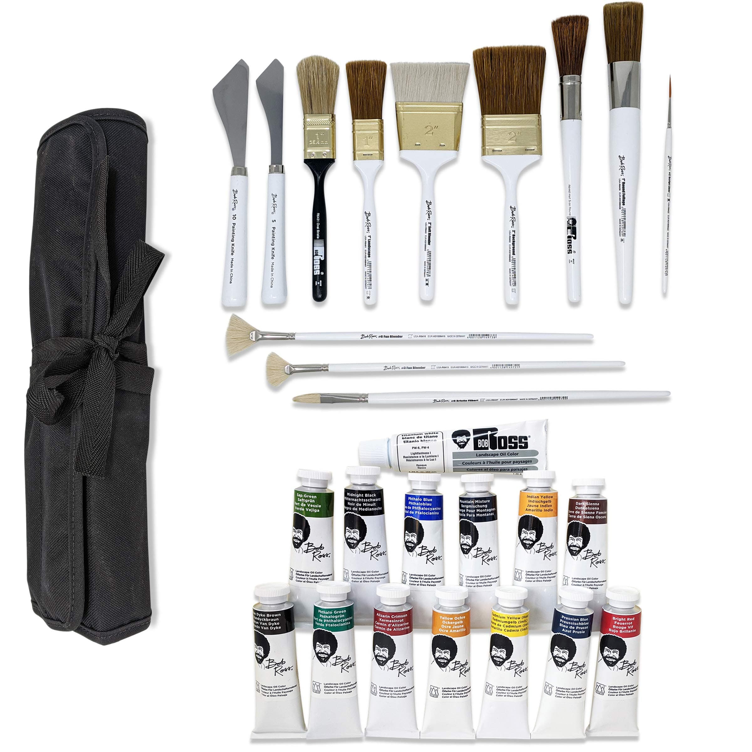 Bob Ross Landscape Oil Paint and Brushes 27-Piece Bundle, 14x Paint Colors (37ml), 12x Brushes and Painting Knives, 1x Velono Roll-Up Case