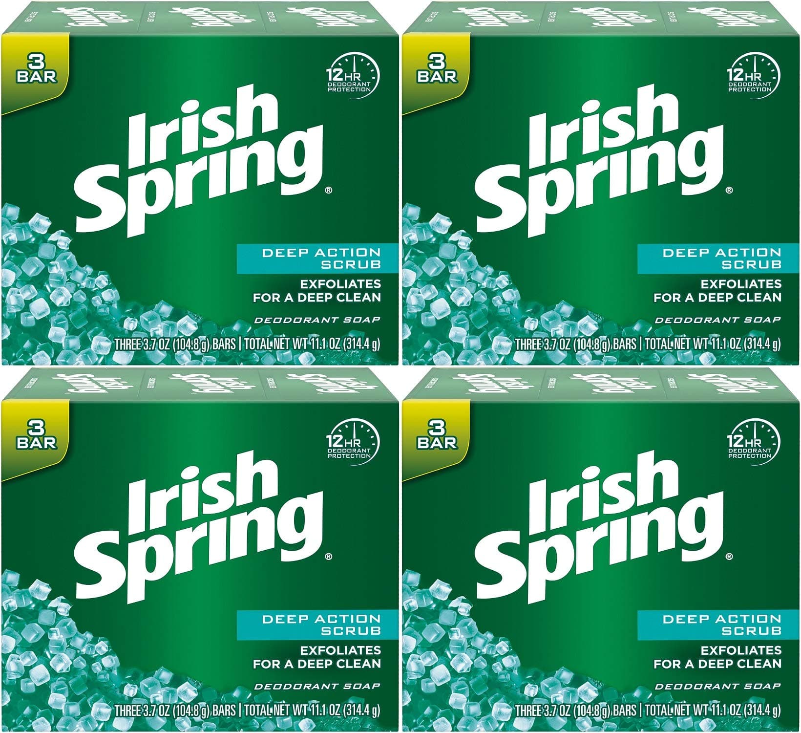 Irish Spring Deodorant Bath Bar Soap, Deep Action Scrub, with Scrubbing Beads, 3.75 Ounce Each, 3 Bar Pack (Pack of 4) 12 Bars Total
