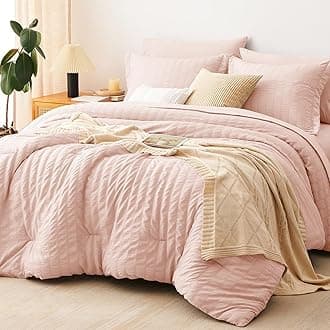 King Size Comforter Set Blush Pink Seersucker 7 Pieces Bed in a Bag King Comforter Set with Sheets, Luxury Soft Bedding Sets with Down Alternative Comforter, Sheets, Pillowcases & Shams