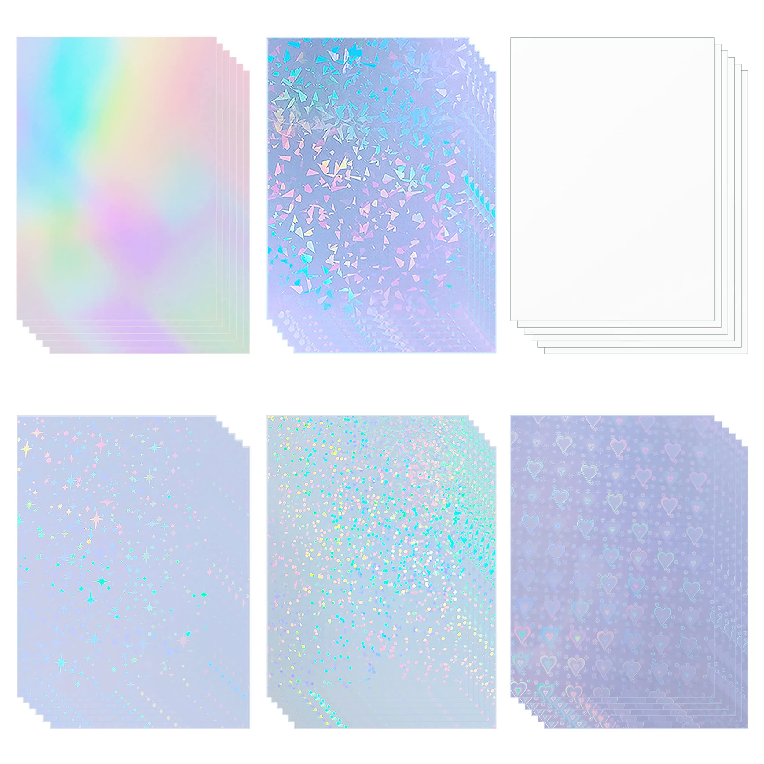 Bleidruck 36 Sheets Holographic Sticker Paper Holographic Clear Vinyl Self Adhesive Waterproof Transparent Laminating Sheets Rainbow Overlay with A4 (11.7 x 8.3 Inch) 6 Styles Mixed