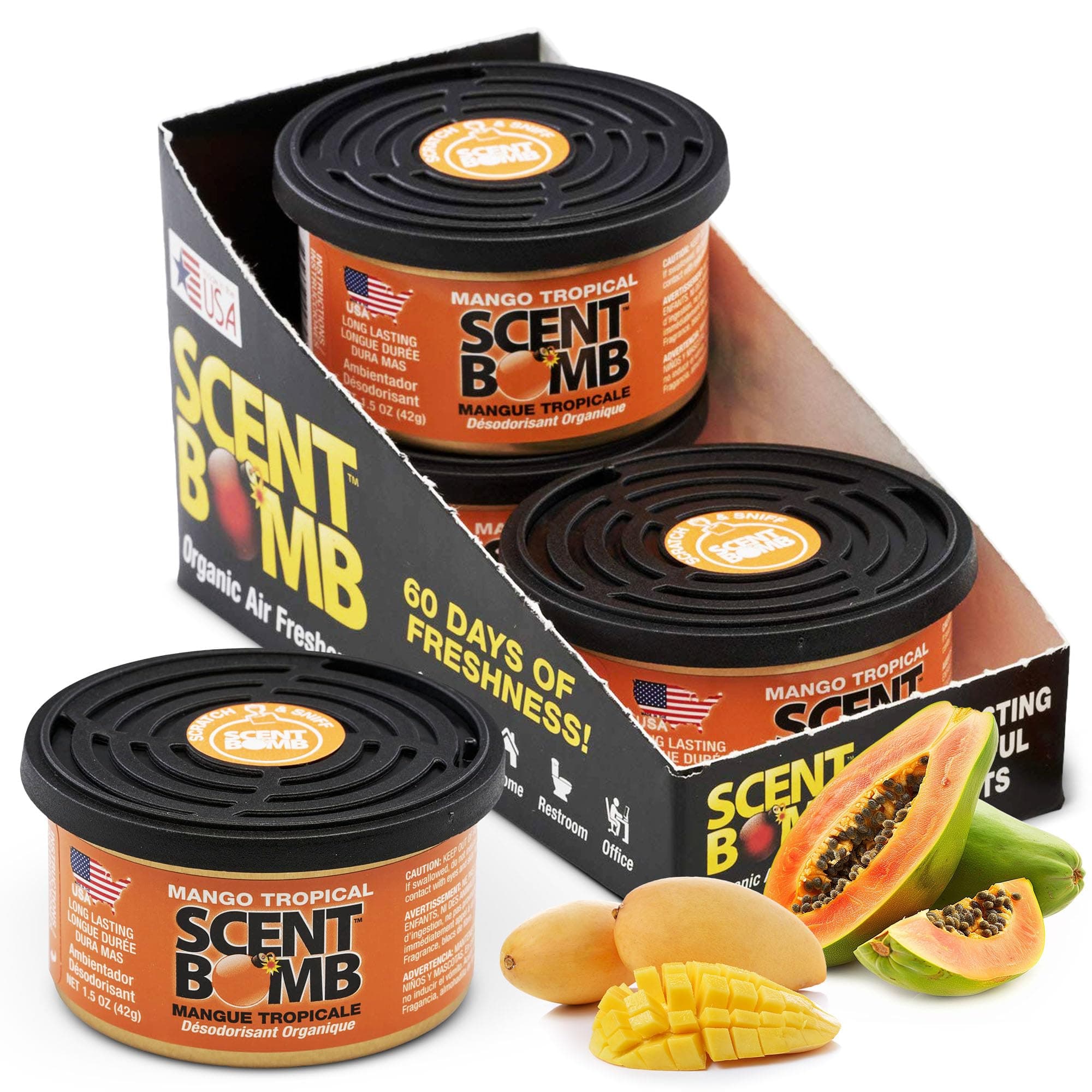 Organic Spill-Proof Air Freshener Cans – Natural Odor Eliminator for Car, Home, and Bathroom – Long-Lasting, Non-Toxic, Fresh Scent – Ideal for Any Room or Vehicle (Mango Tropical, 4-Pack)