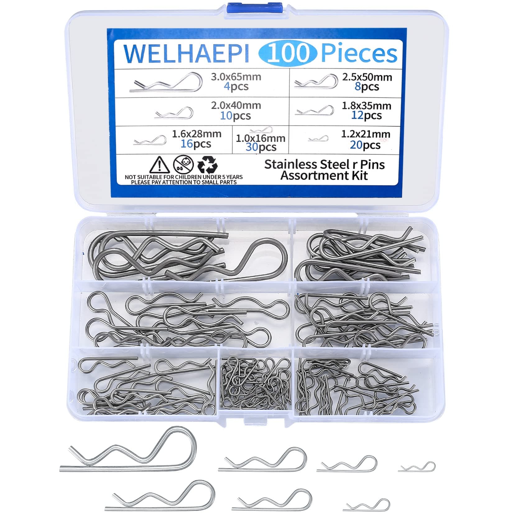 Cotter Pins Assortment Kit, 100 Pcs 304 Stainless Steel R Clips, Split Pins, Retaining Spring Hitch Cotter Fastening Pins Set for Farm Trucks, Cars, Campers, Lawn and Garden Equipment