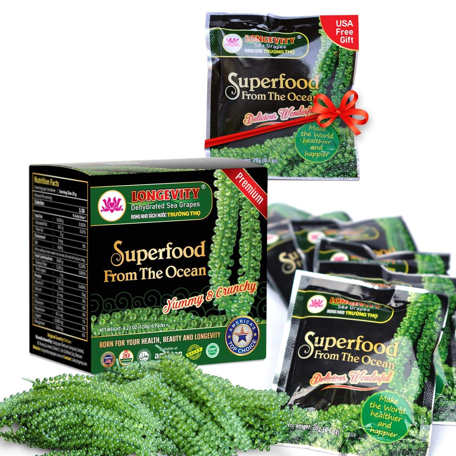 LONGEVITY SEA GRAPES Dehydrated 20Grams Of 6 Packs, Umibudo Green Caviar, Lato weed, Precious Gift From The | Enhance Health, Boosting Immune System